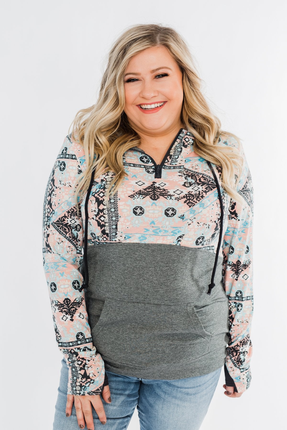 Quarter Zip Damask Hoodie- Grey & Peach Tones