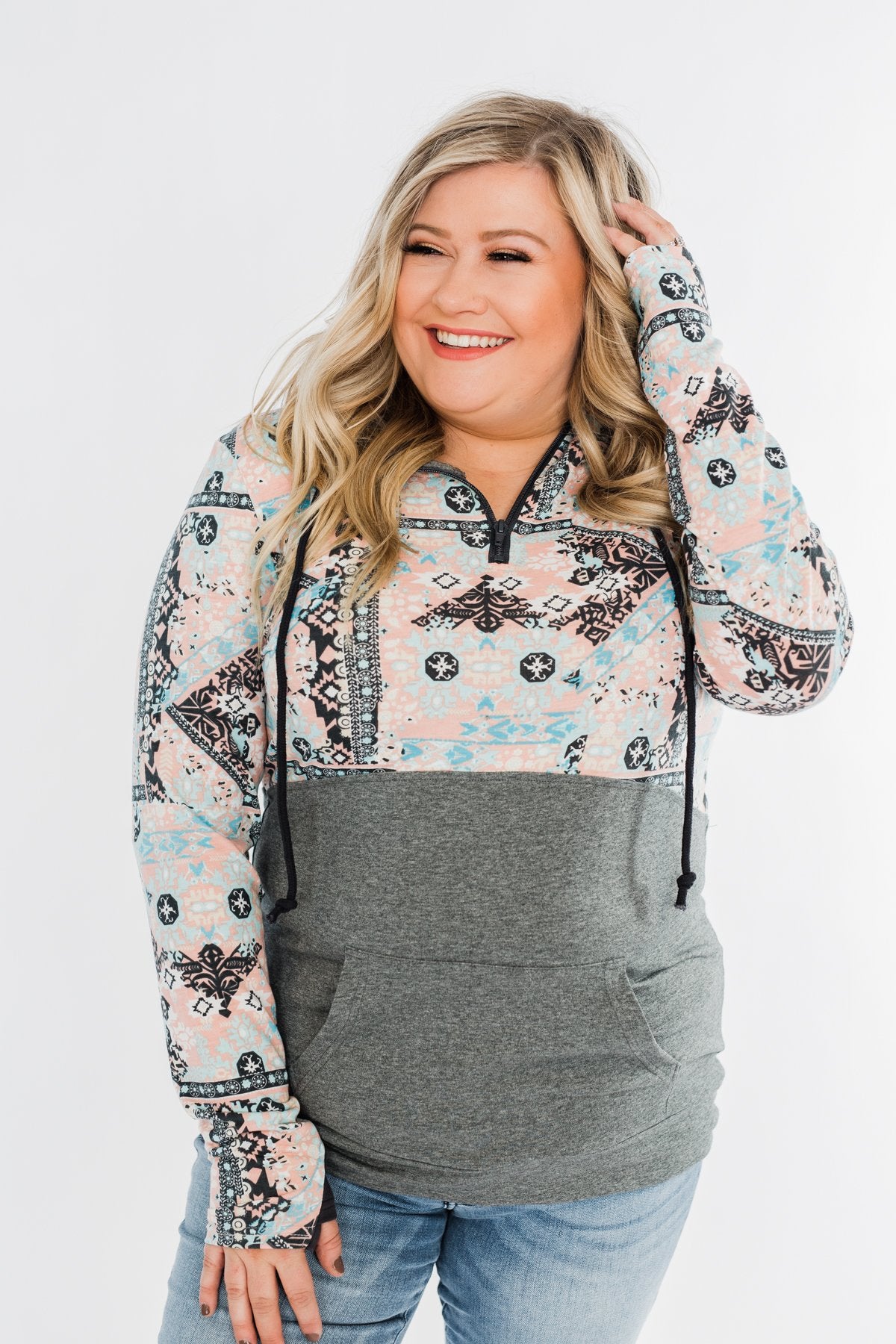 Quarter Zip Damask Hoodie- Grey & Peach Tones