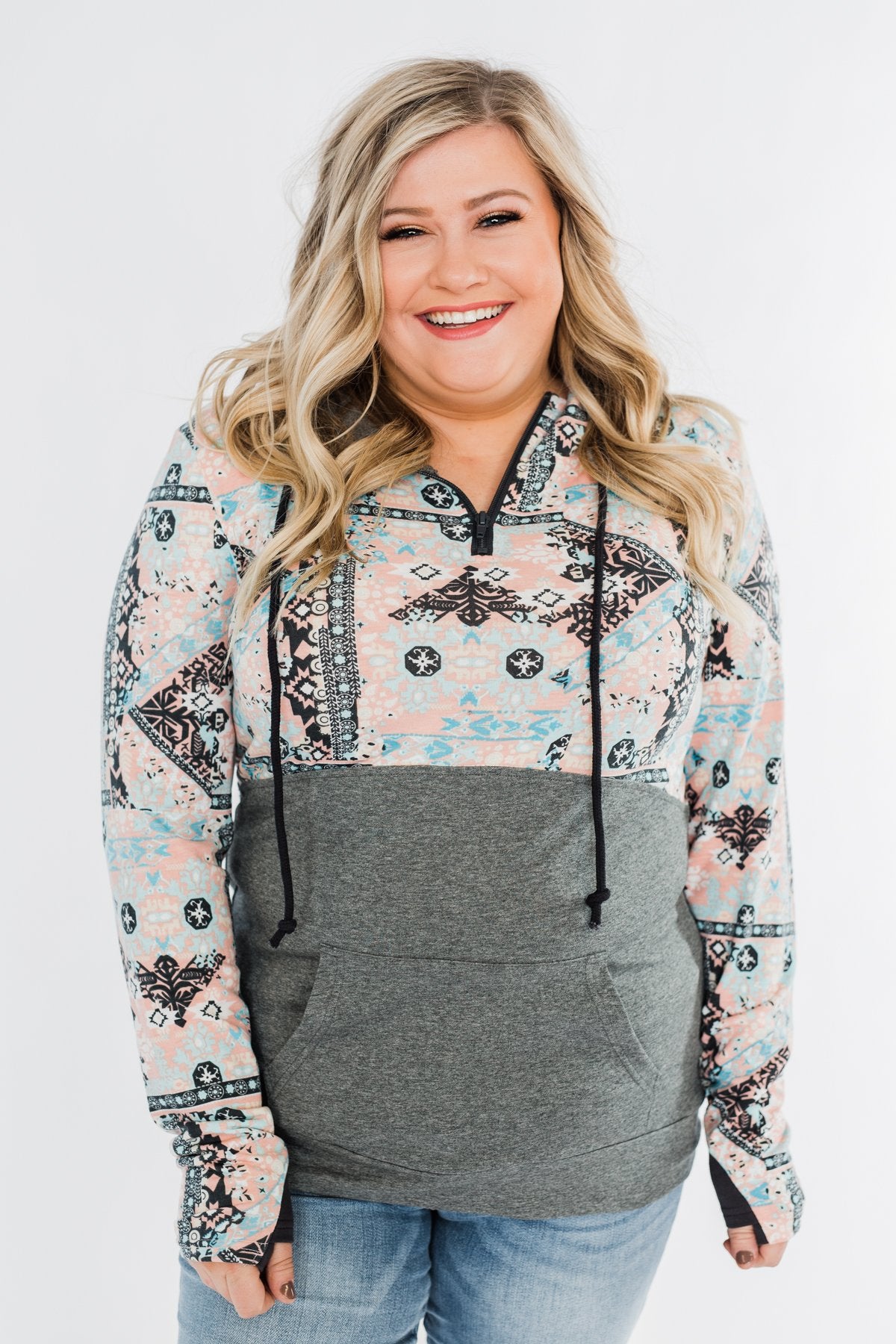 Quarter Zip Damask Hoodie- Grey & Peach Tones