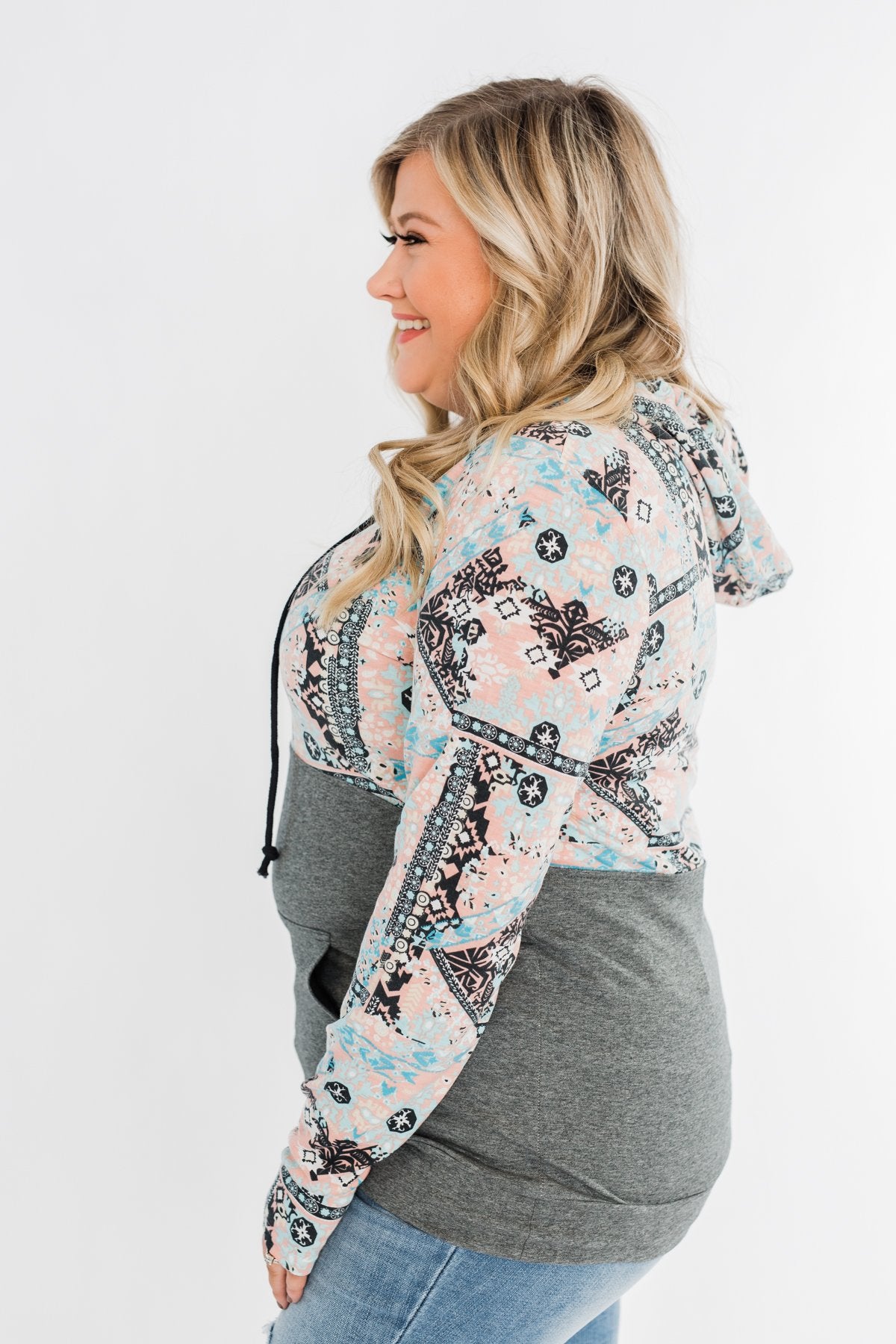 Quarter Zip Damask Hoodie- Grey & Peach Tones