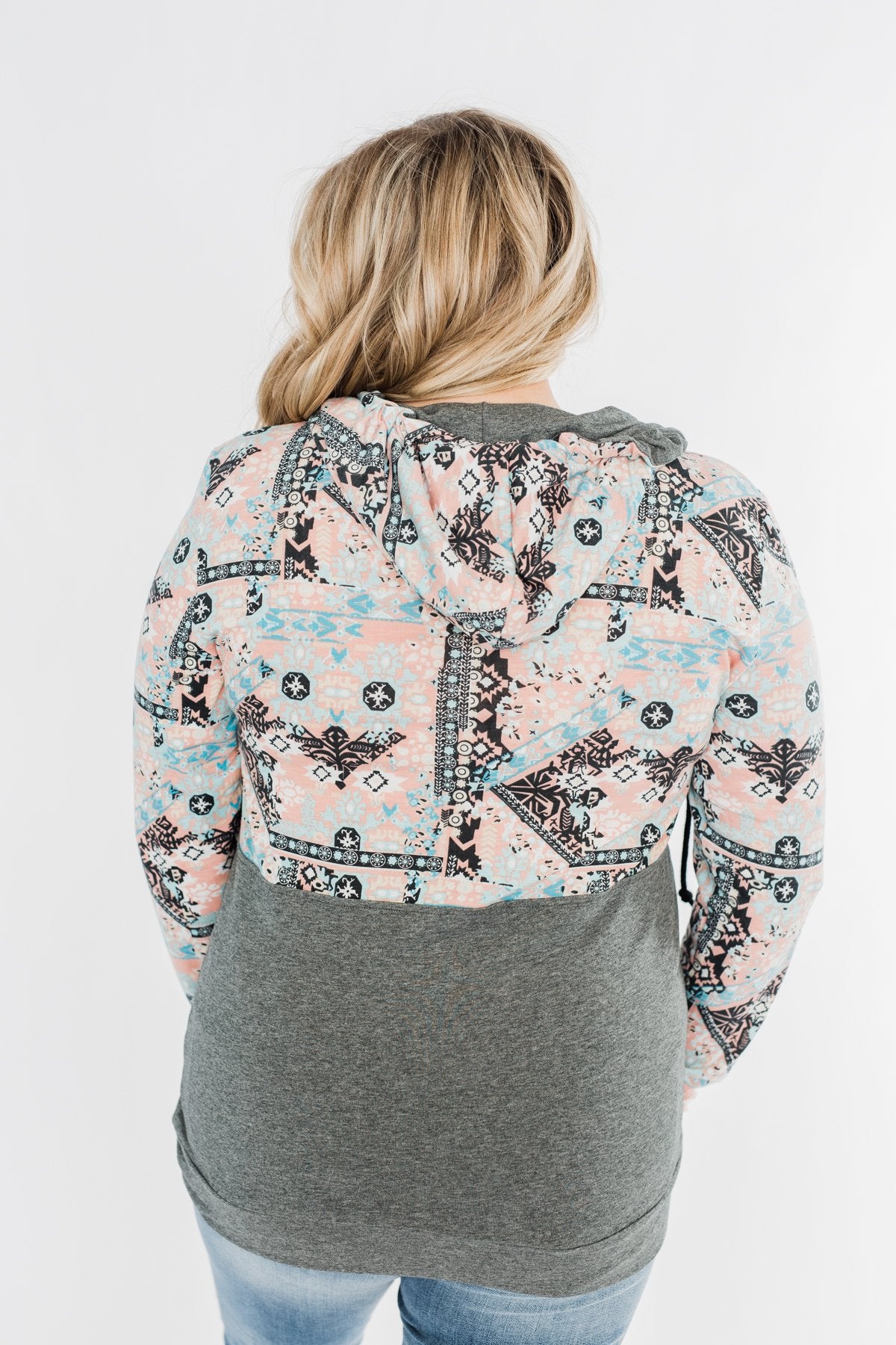 Quarter Zip Damask Hoodie- Grey & Peach Tones