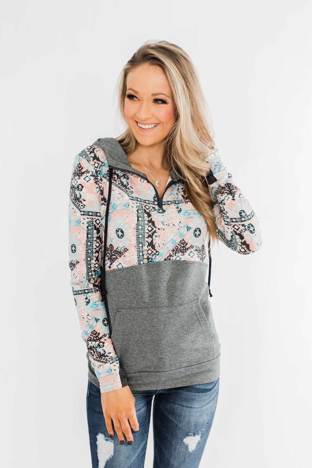 Quarter Zip Damask Hoodie- Grey & Peach Tones