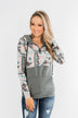 Quarter Zip Damask Hoodie- Grey & Peach Tones