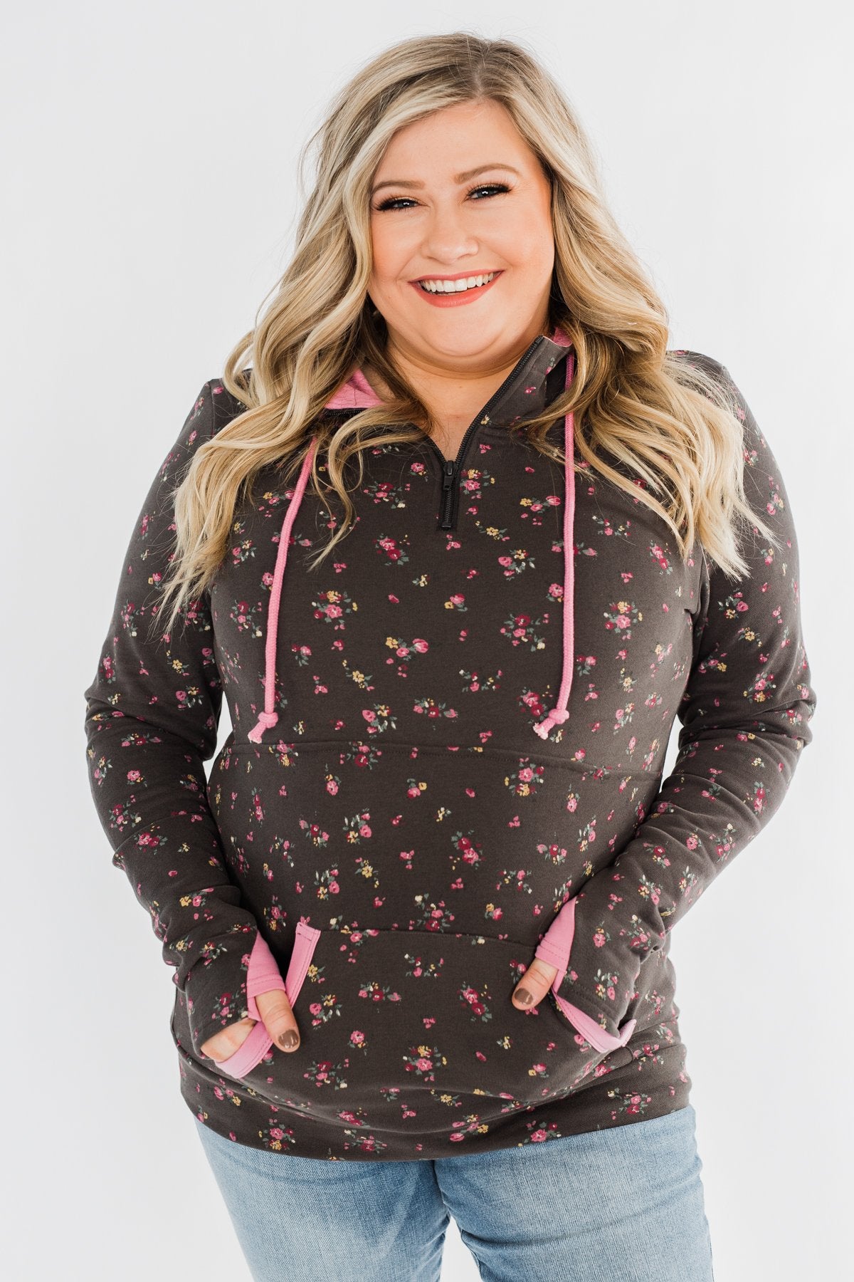 Walk In The Park Floral Drawstring Hoodie- Dusty Charcoal