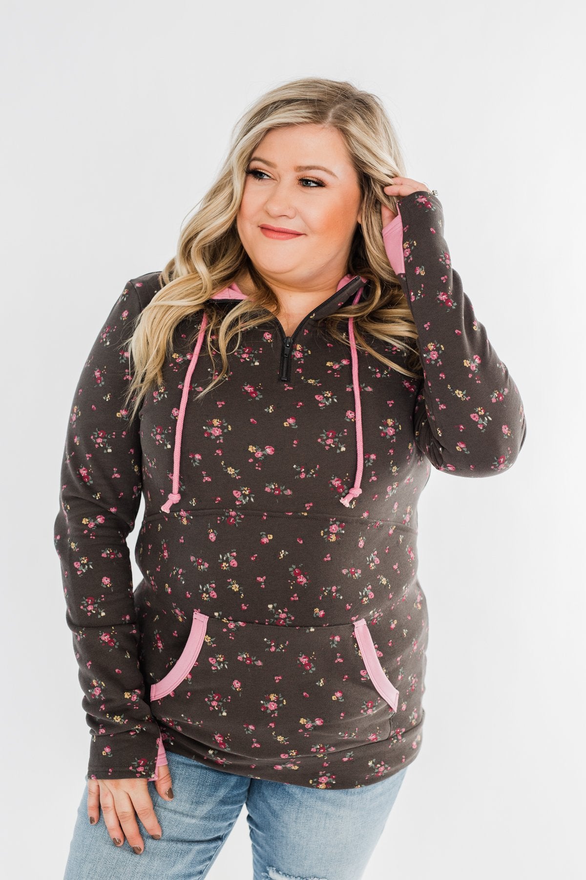 Walk In The Park Floral Drawstring Hoodie- Dusty Charcoal