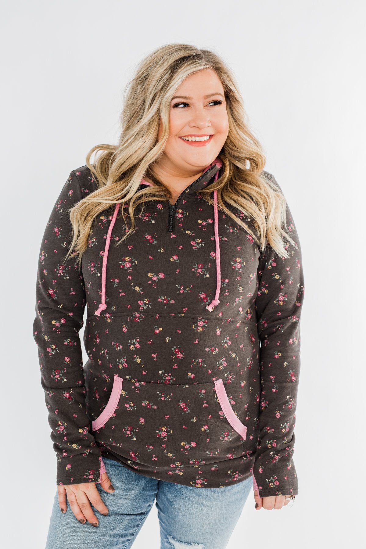 Walk In The Park Floral Drawstring Hoodie- Dusty Charcoal