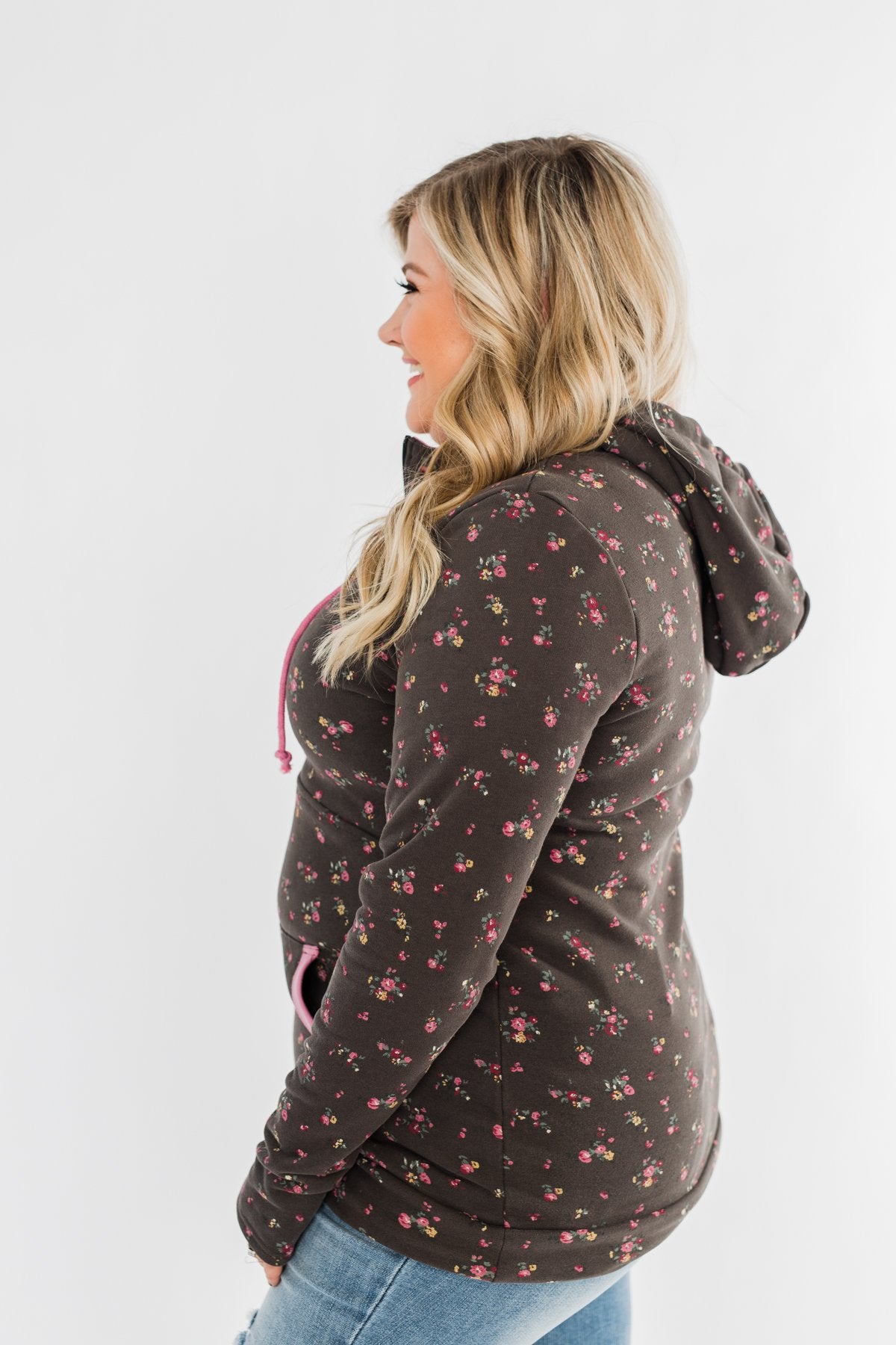 Walk In The Park Floral Drawstring Hoodie- Dusty Charcoal