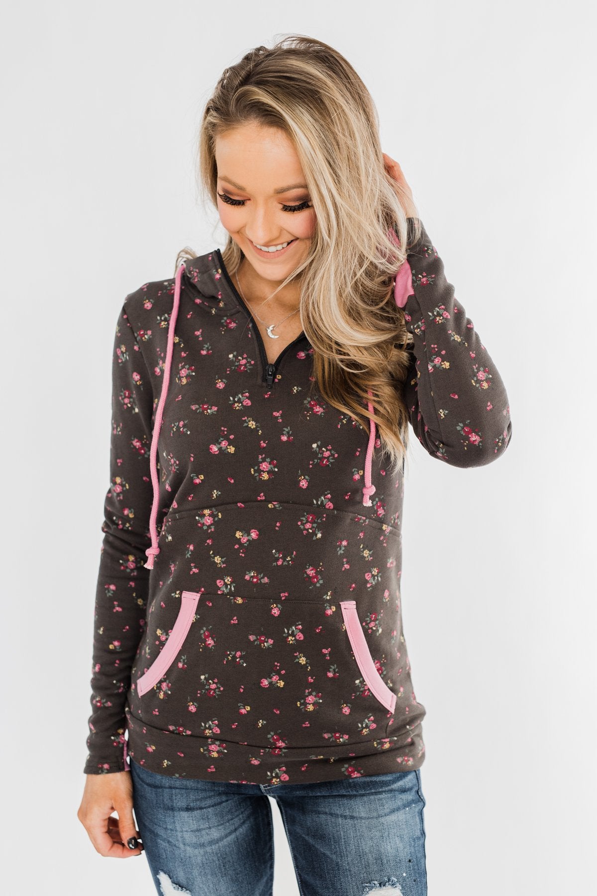 Walk In The Park Floral Drawstring Hoodie- Dusty Charcoal