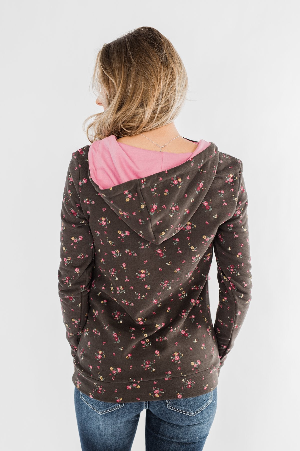 Walk In The Park Floral Drawstring Hoodie- Dusty Charcoal
