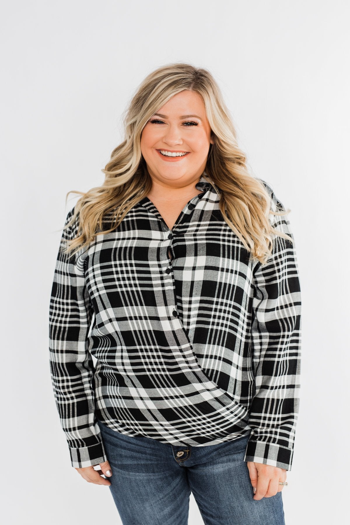 Plaid Button Down Twist Top- Black
