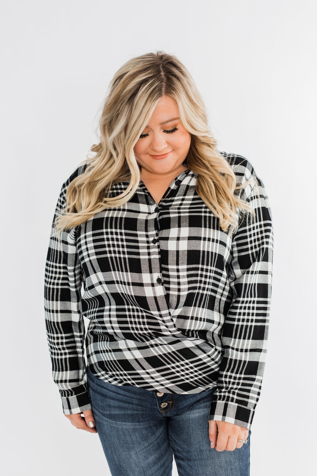 Plaid Button Down Twist Top- Black