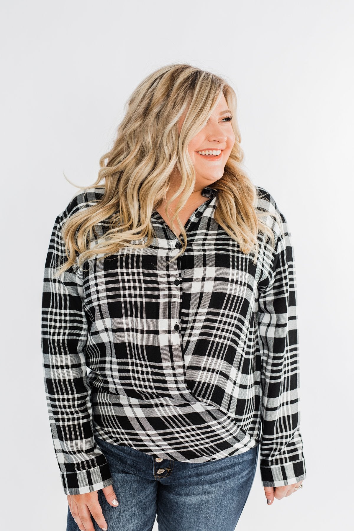 Plaid Button Down Twist Top- Black