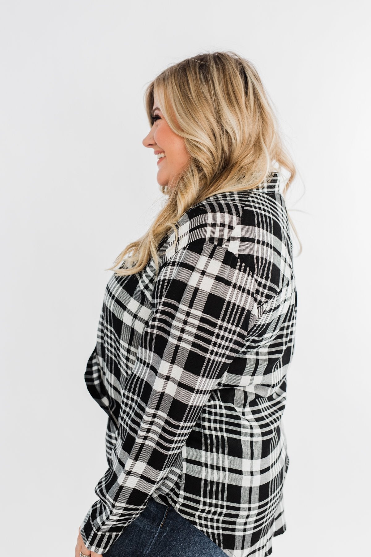 Plaid Button Down Twist Top- Black