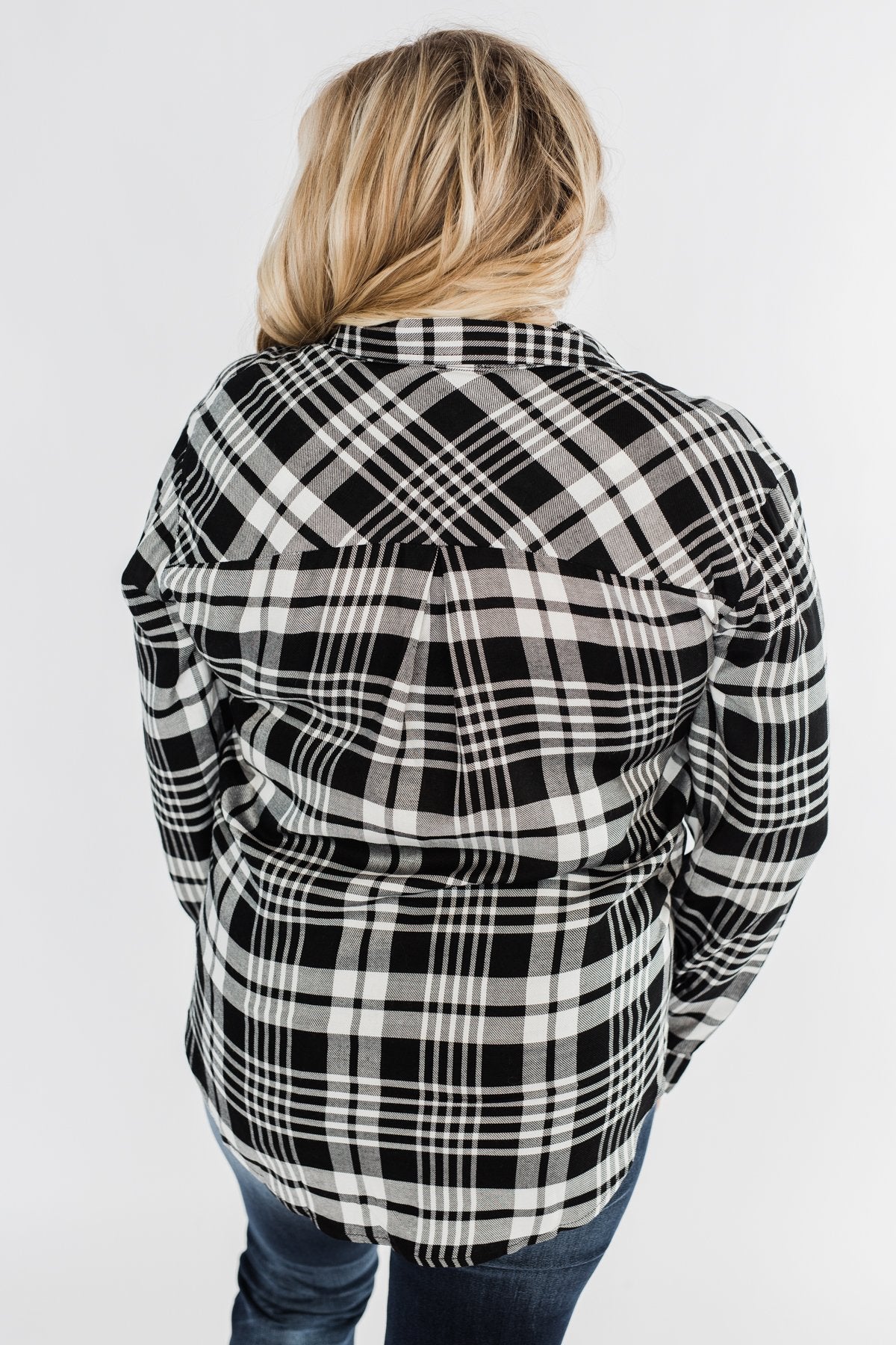 Plaid Button Down Twist Top- Black