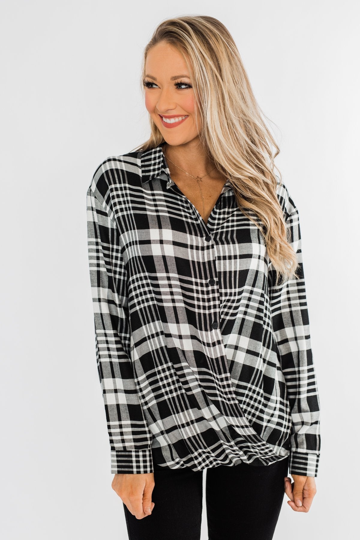 Plaid Button Down Twist Top- Black