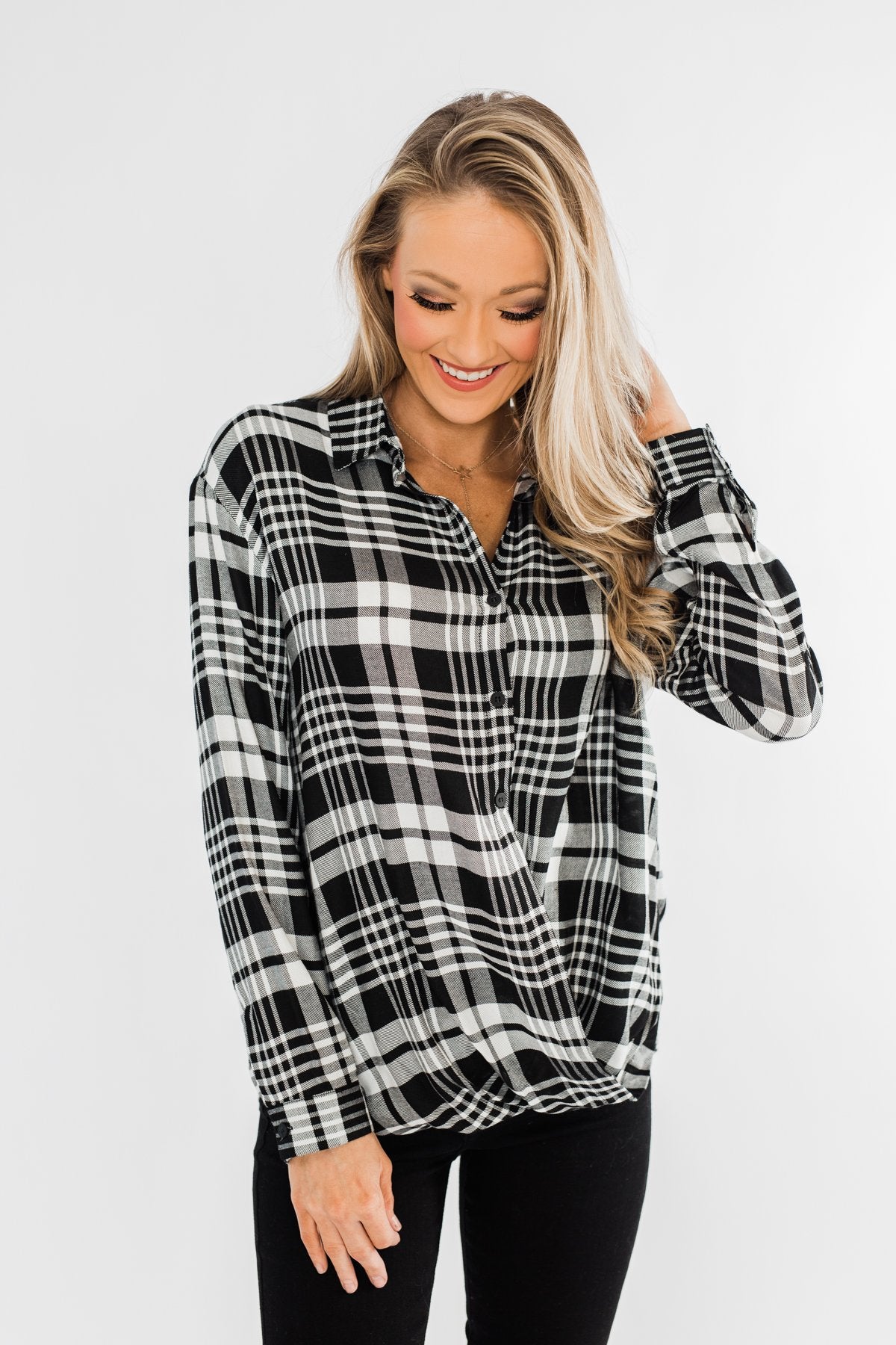 Plaid Button Down Twist Top- Black