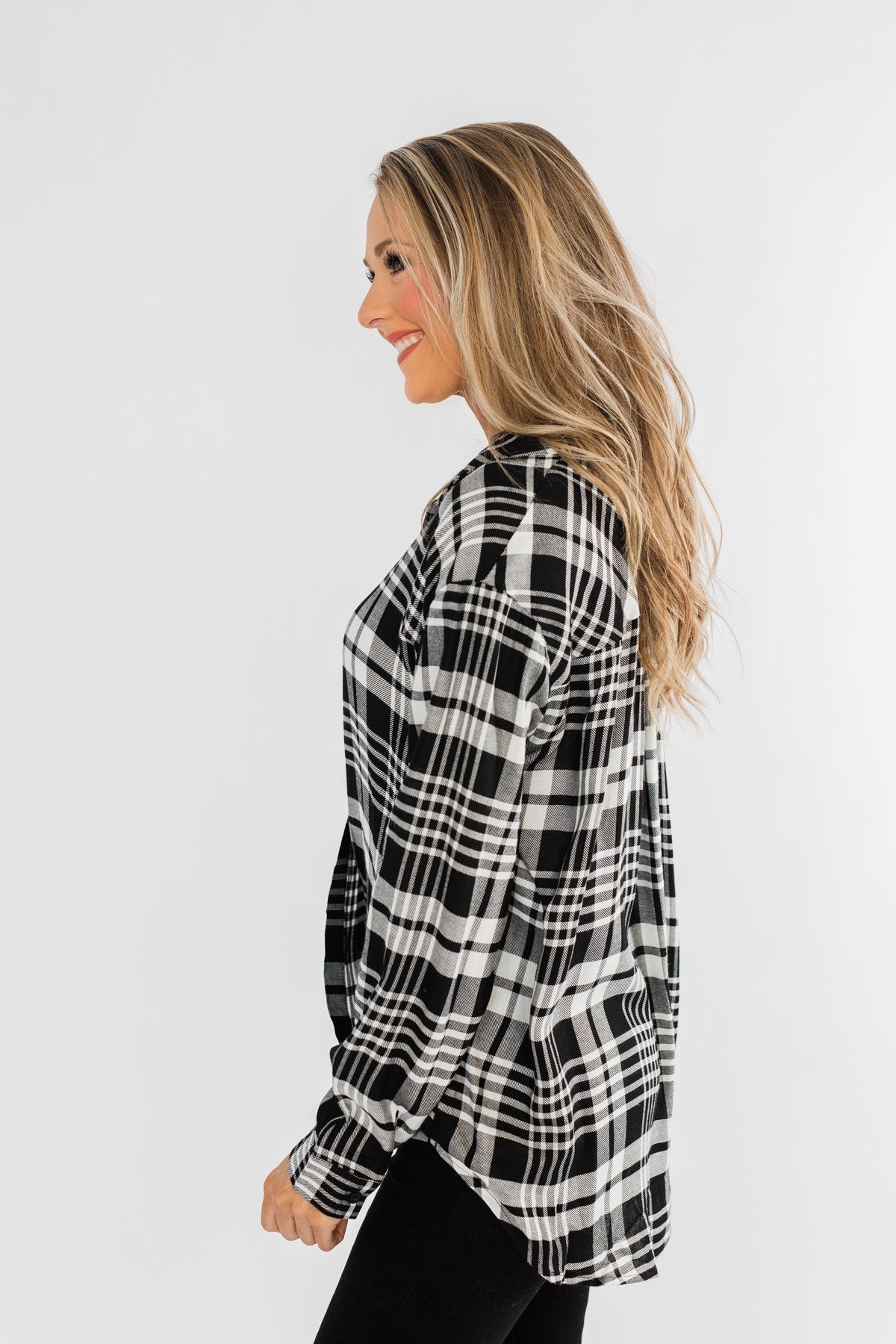 Plaid Button Down Twist Top- Black
