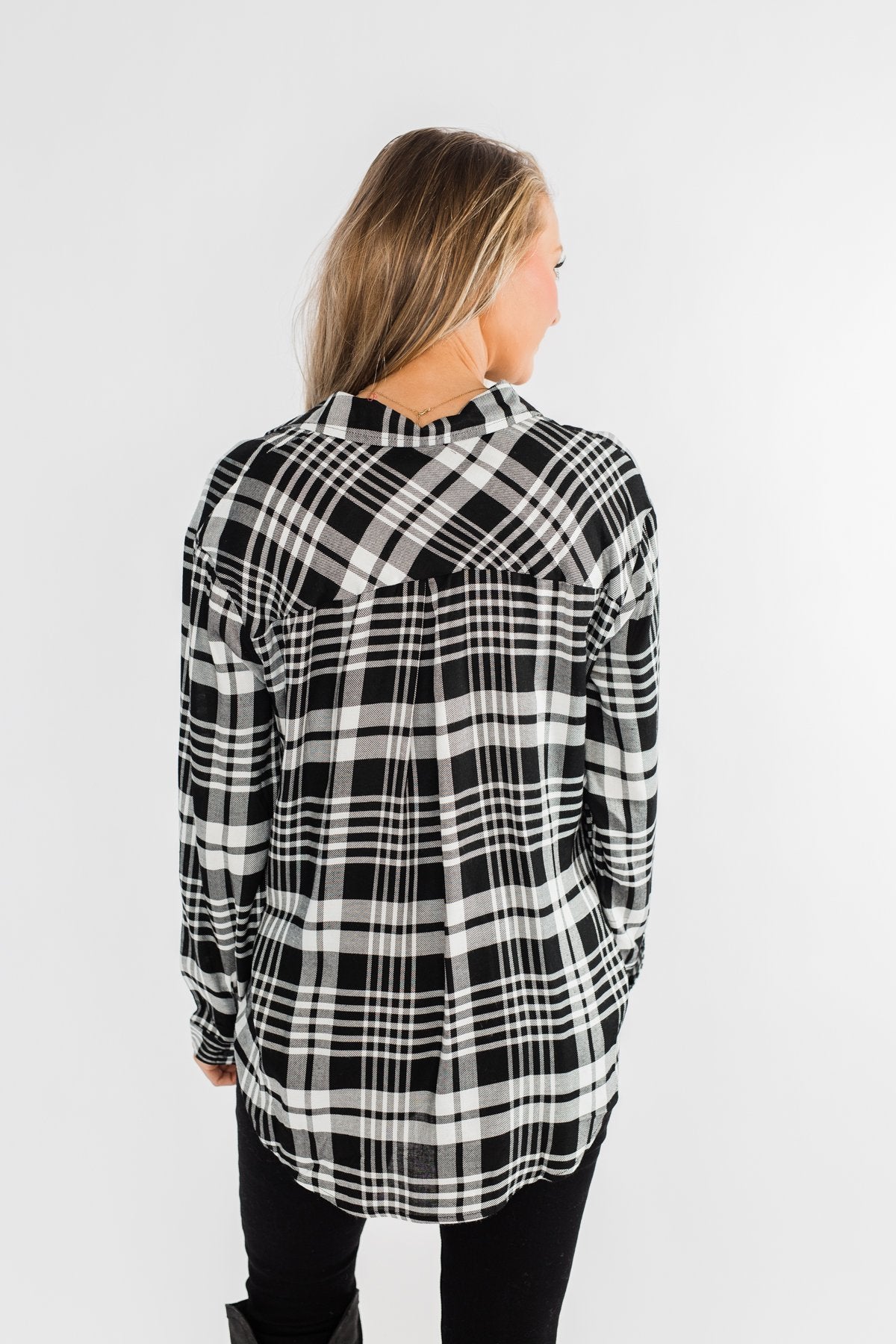 Plaid Button Down Twist Top- Black