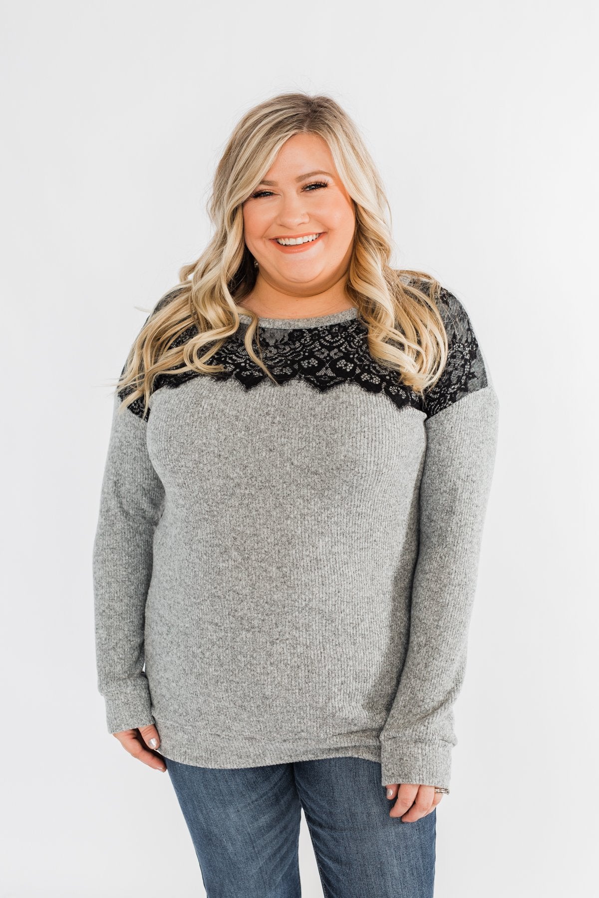Show Stopper Black Lace Top- Grey