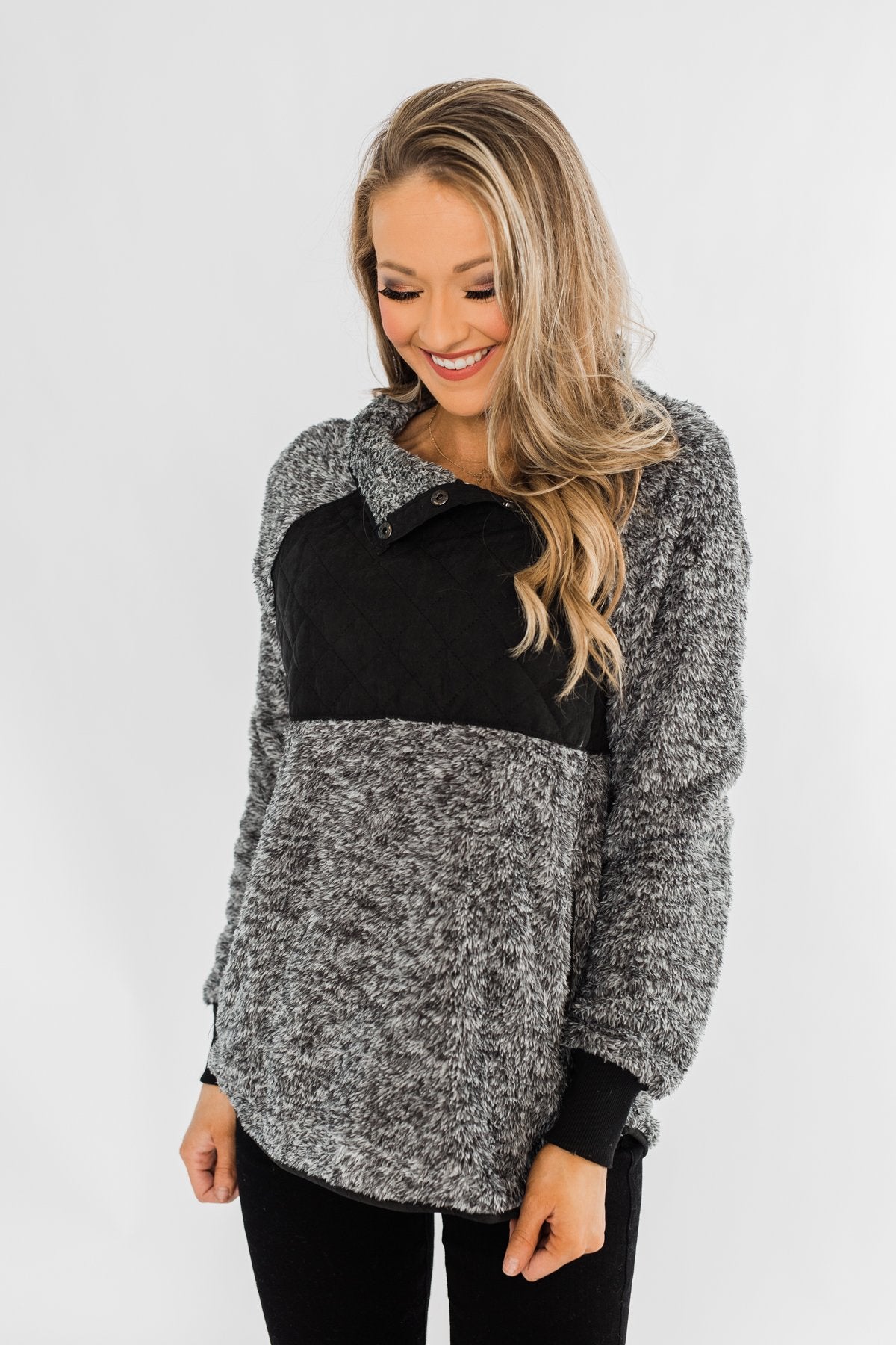 Just My Luck Quilted Sherpa Pullover- Black & Grey