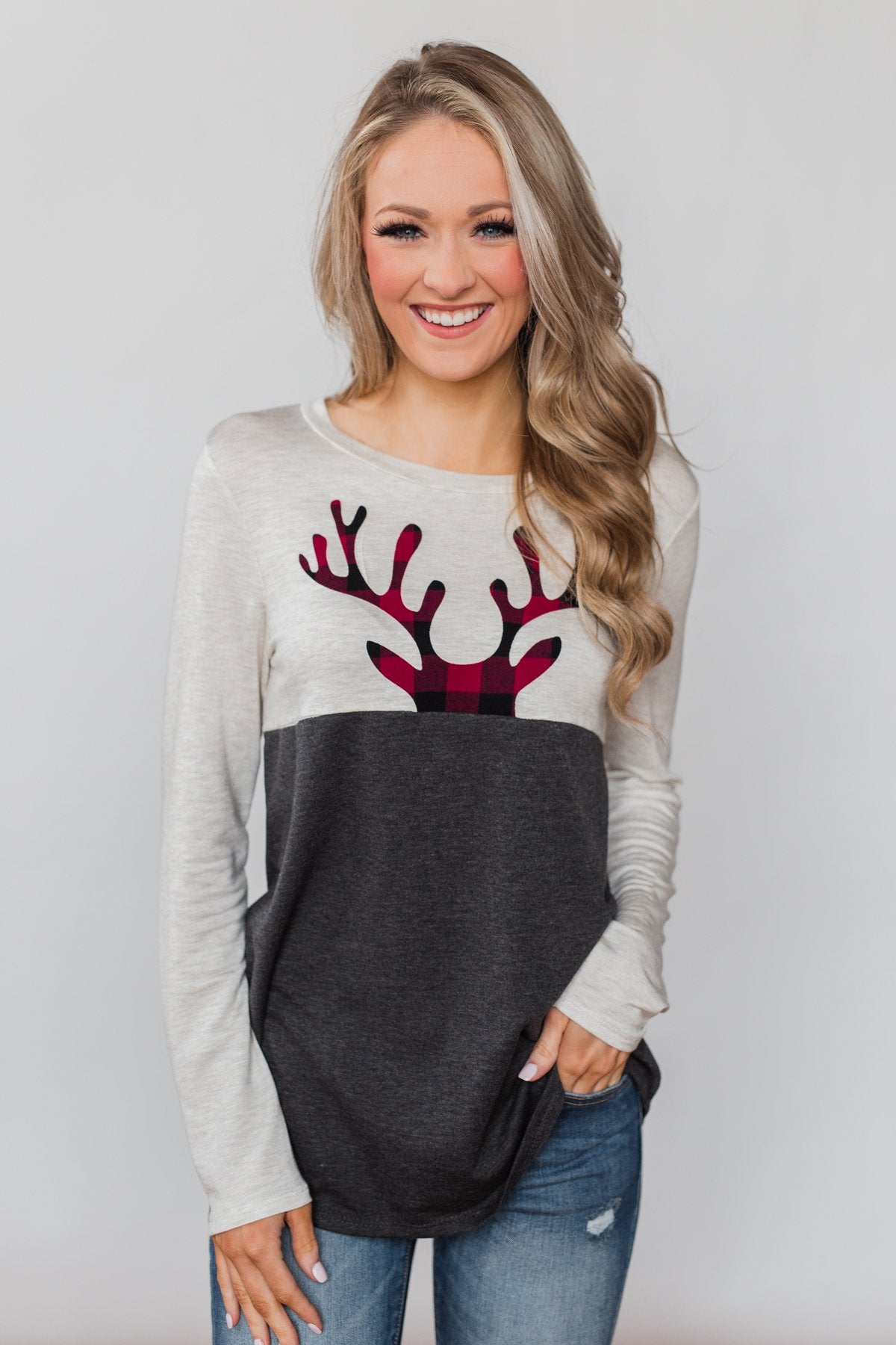 Call In The Reindeer Top- Oatmeal & Charcoal
