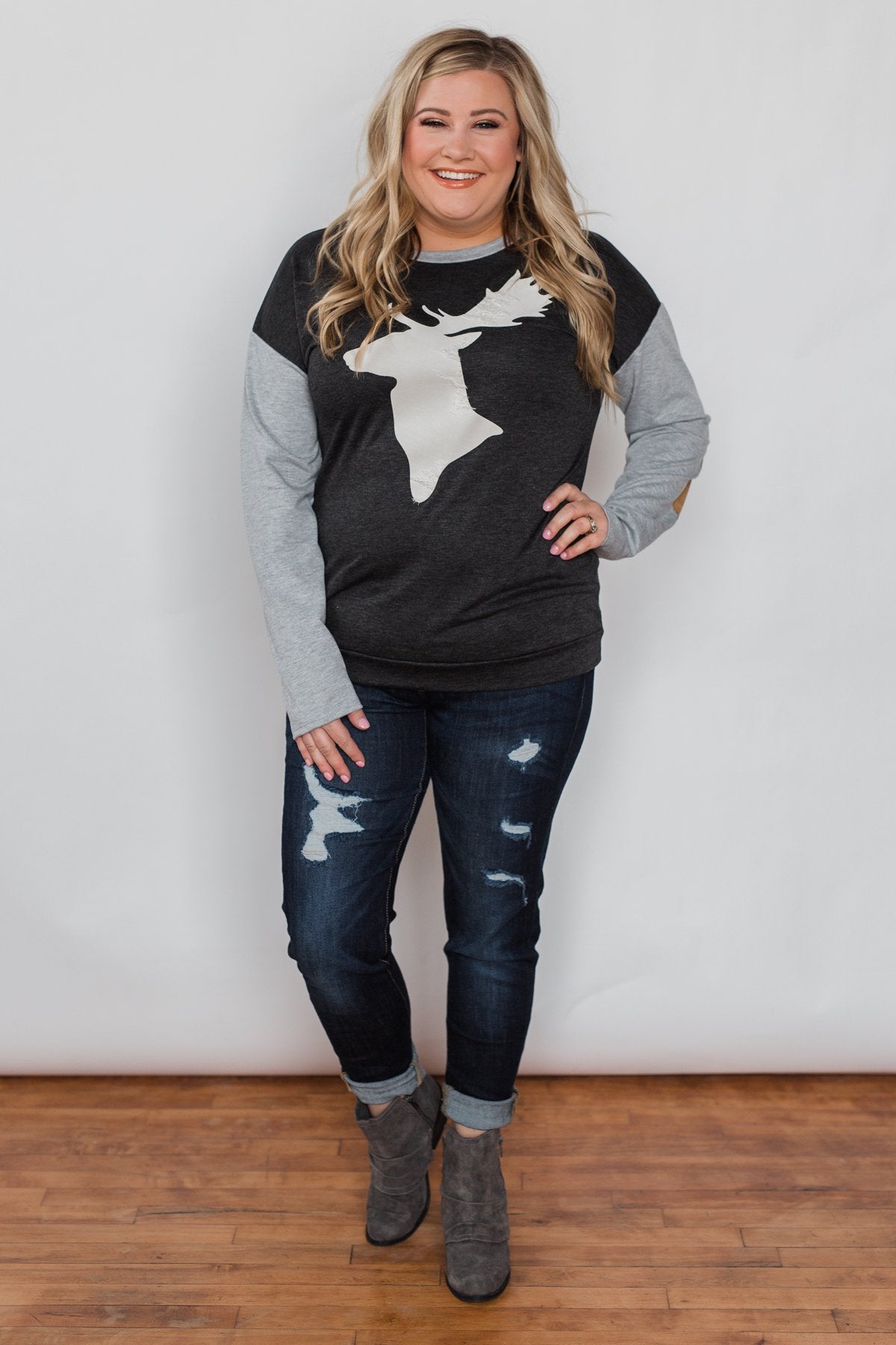 Distressed Deer Elbow Patch Top- Charcoal