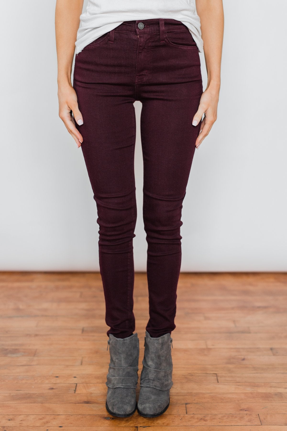 Kan Can Non-Distressed Skinny Jeans- Deep Burgundy