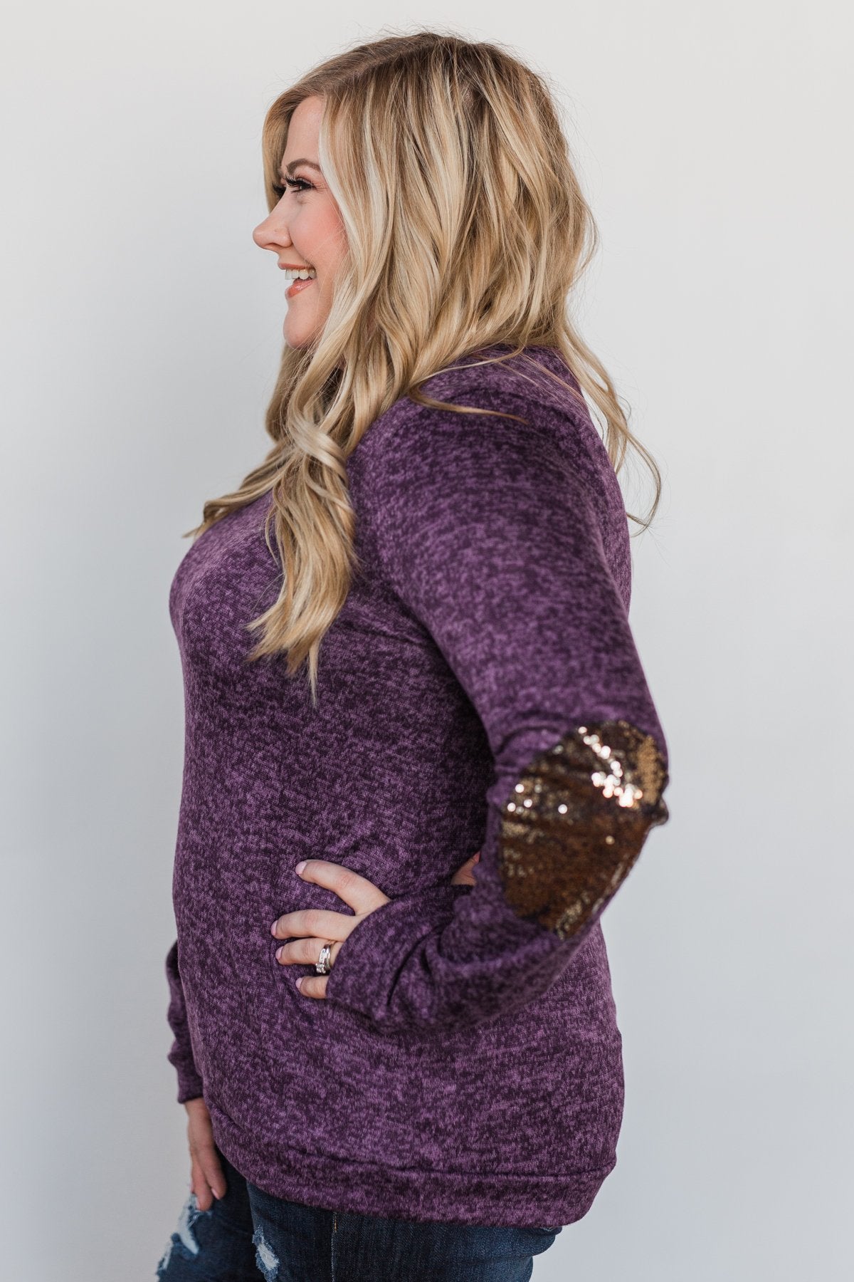 Just Enough Sequin Elbow Patch Sweater - Grape – The Pulse Boutique