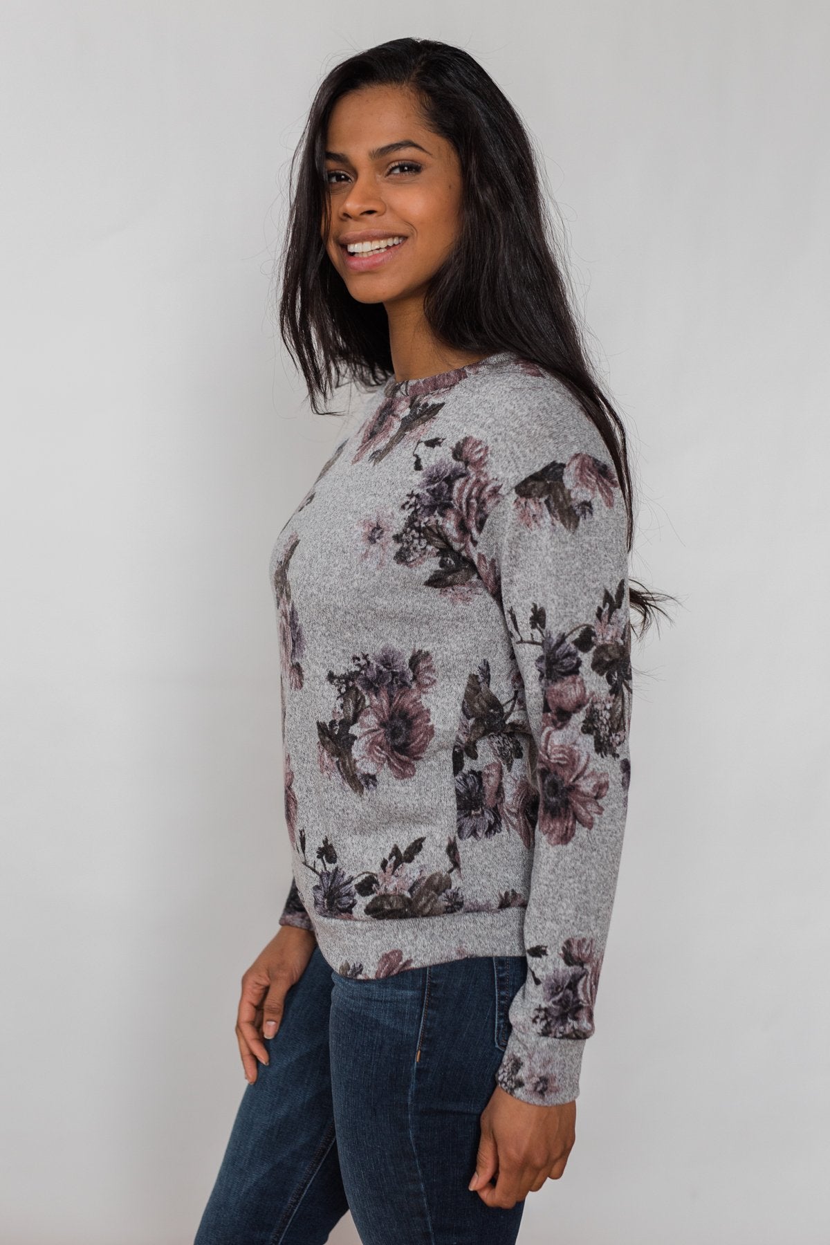 Bloom in the Dream Floral Pullover Top - Heather Grey