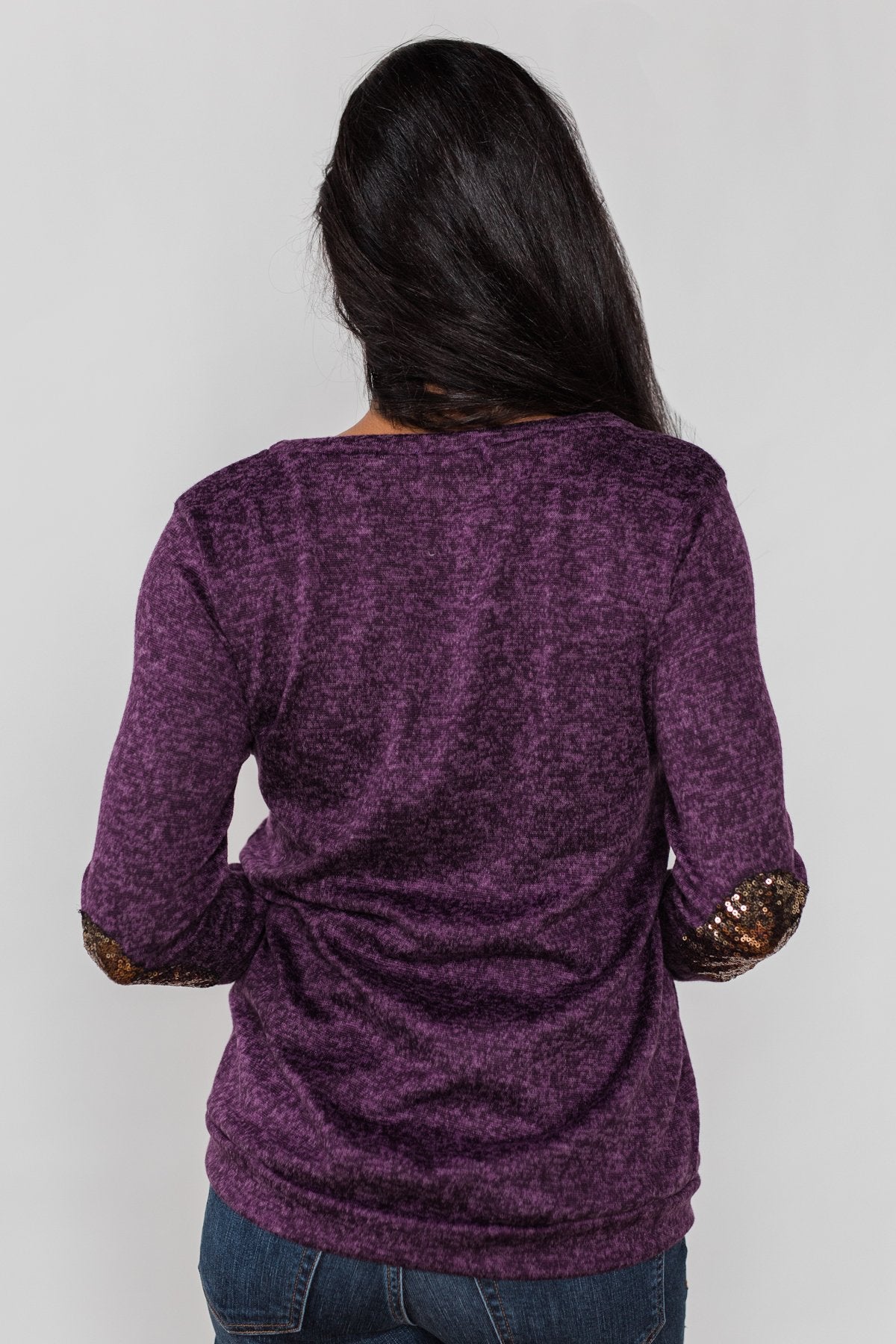 Just Enough Sequin Elbow Patch Sweater - Grape