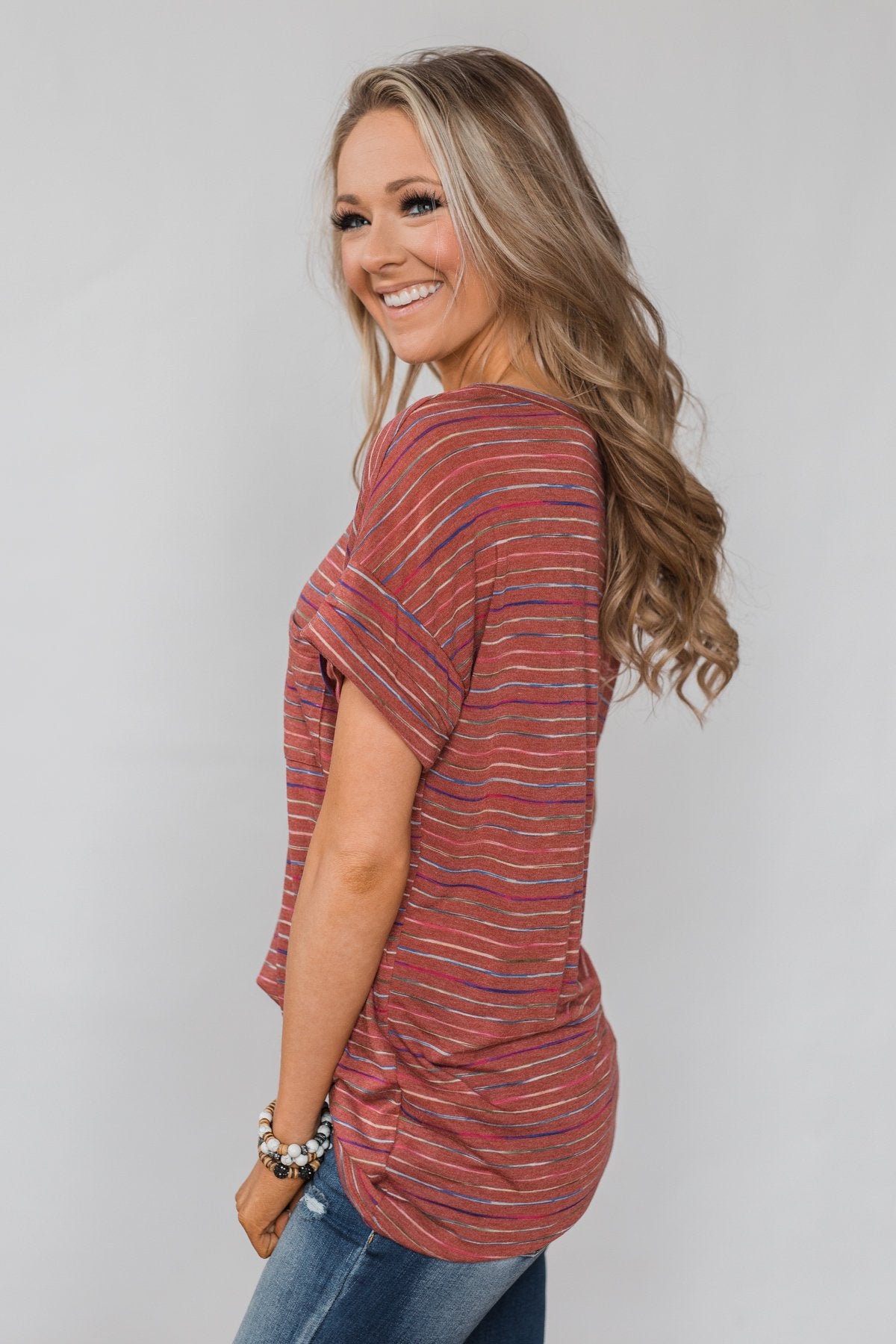 Get The Party Started Striped Pocket Tee - Brick