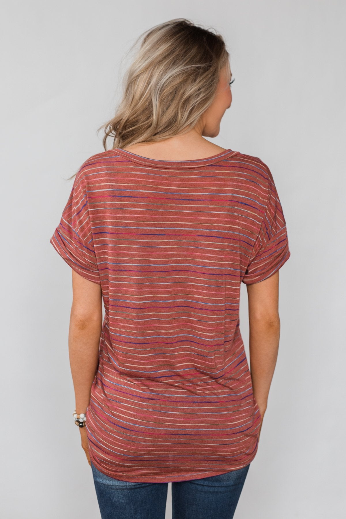Get The Party Started Striped Pocket Tee - Brick