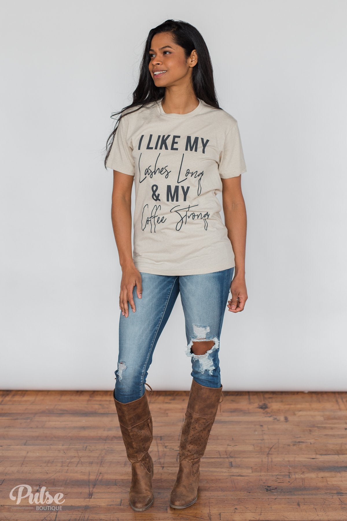 "Lashes Long & Coffee Strong" Graphic Tee- Oatmeal