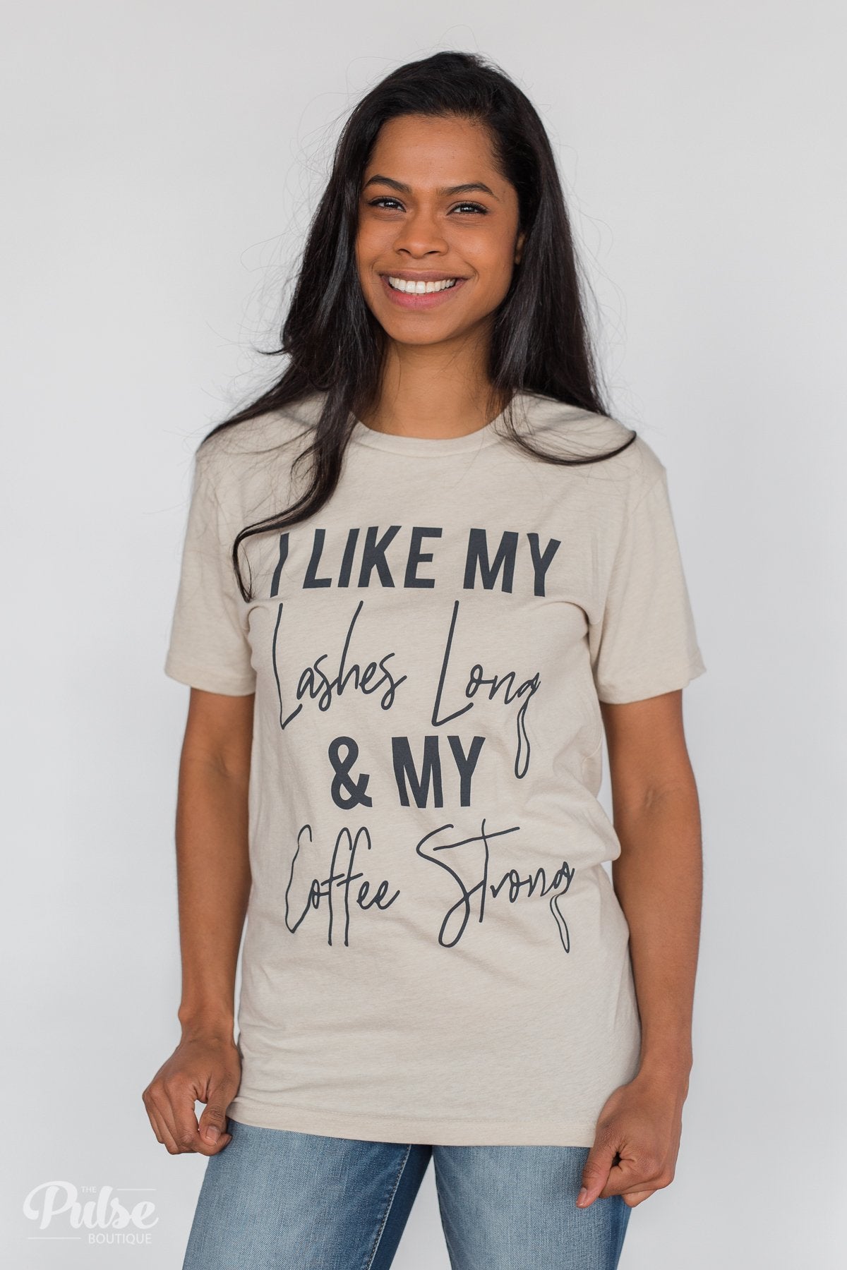 "Lashes Long & Coffee Strong" Graphic Tee- Oatmeal