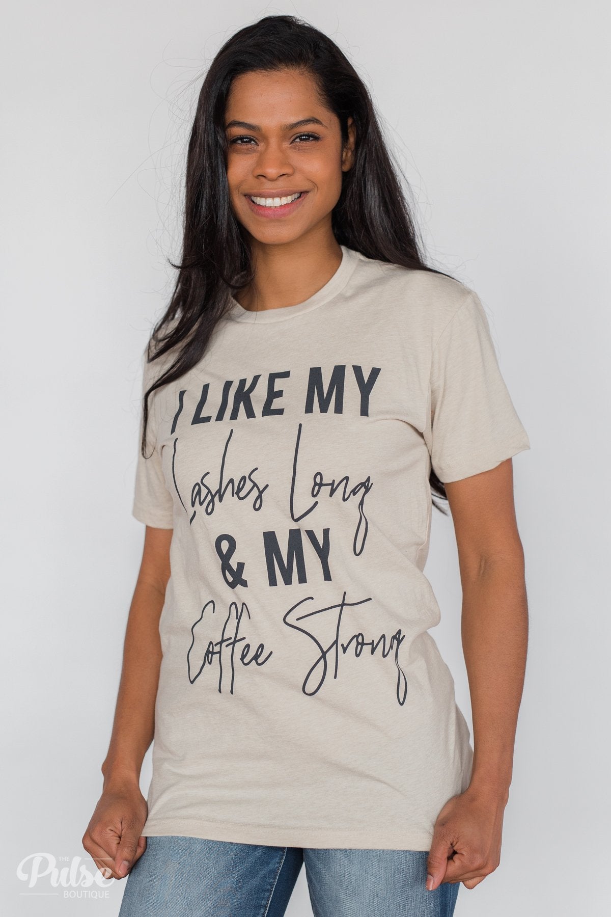 "Lashes Long & Coffee Strong" Graphic Tee- Oatmeal