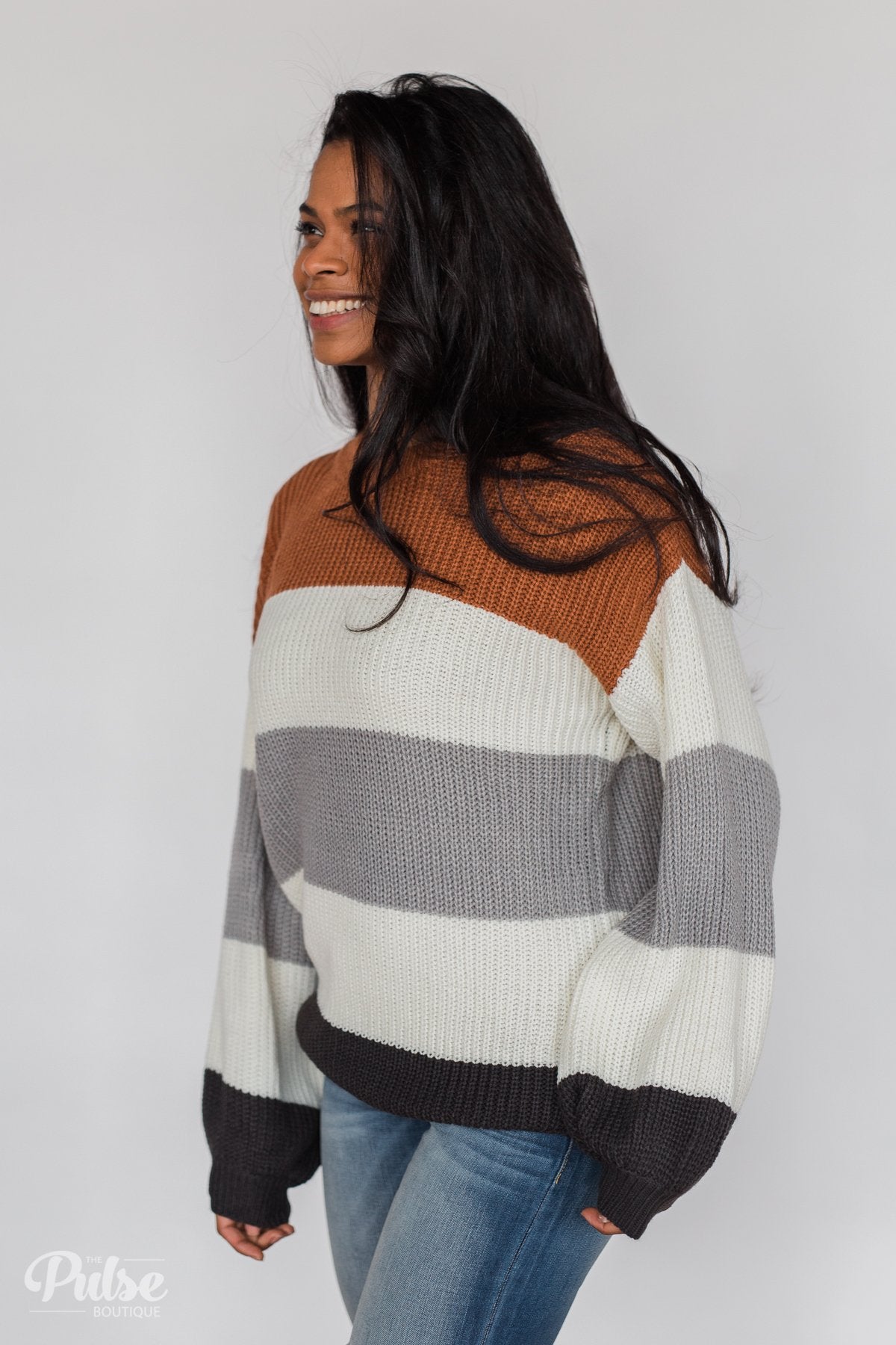 Color Block Chunky Sleeve Knitted Sweater- Orange, Ivory, Grey