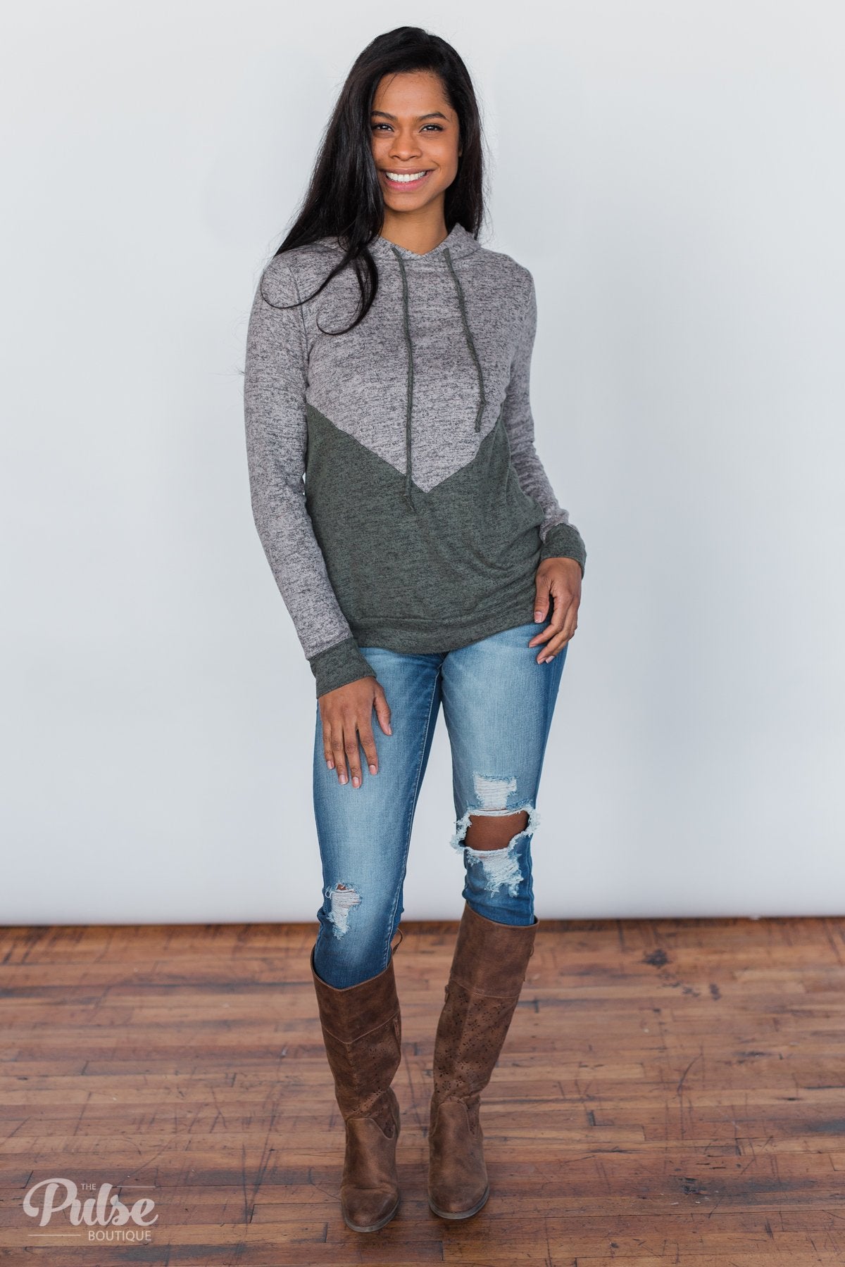 Rely on You Color Block Hoodie - Heather Grey & Olive