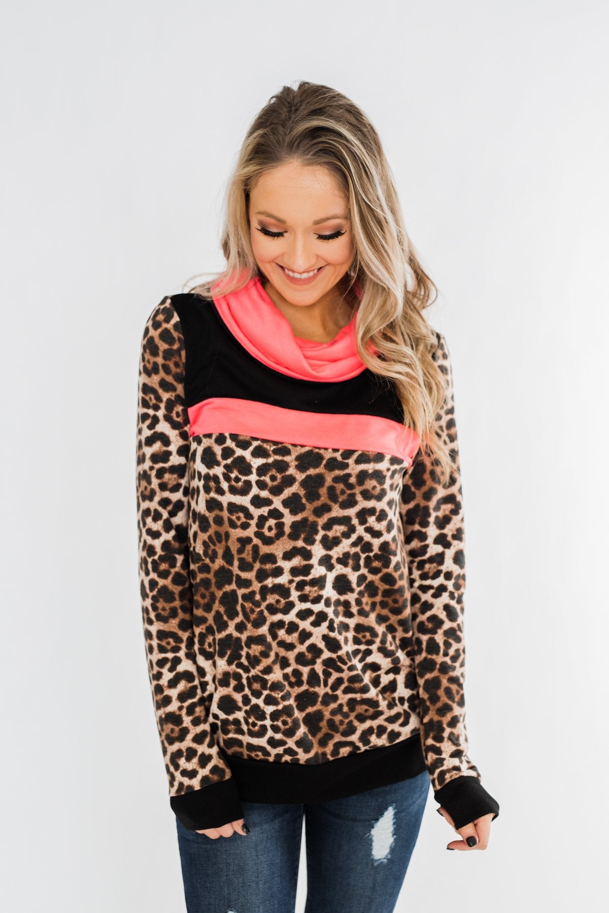 Born To Be Bold Cowl Neck Pullover- Leopard & Neon Pink