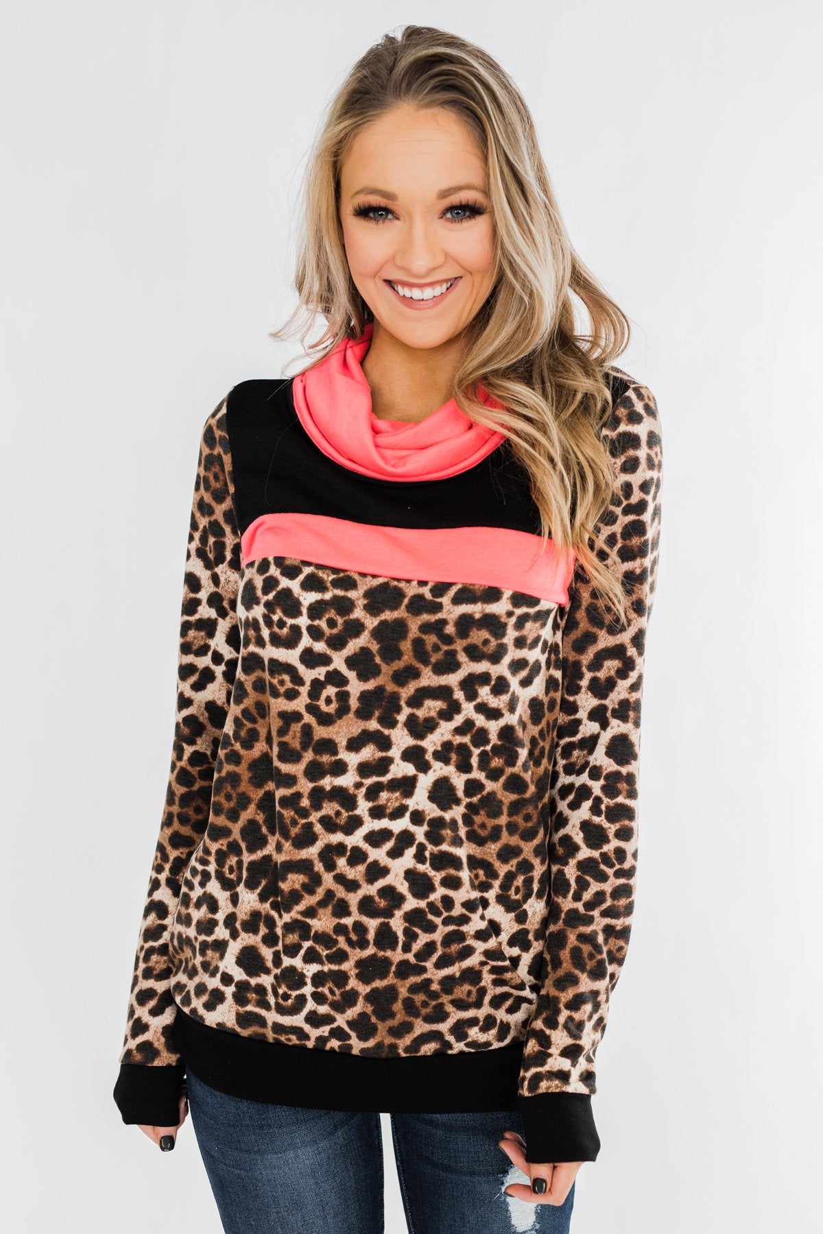 Born To Be Bold Cowl Neck Pullover- Leopard & Neon Pink