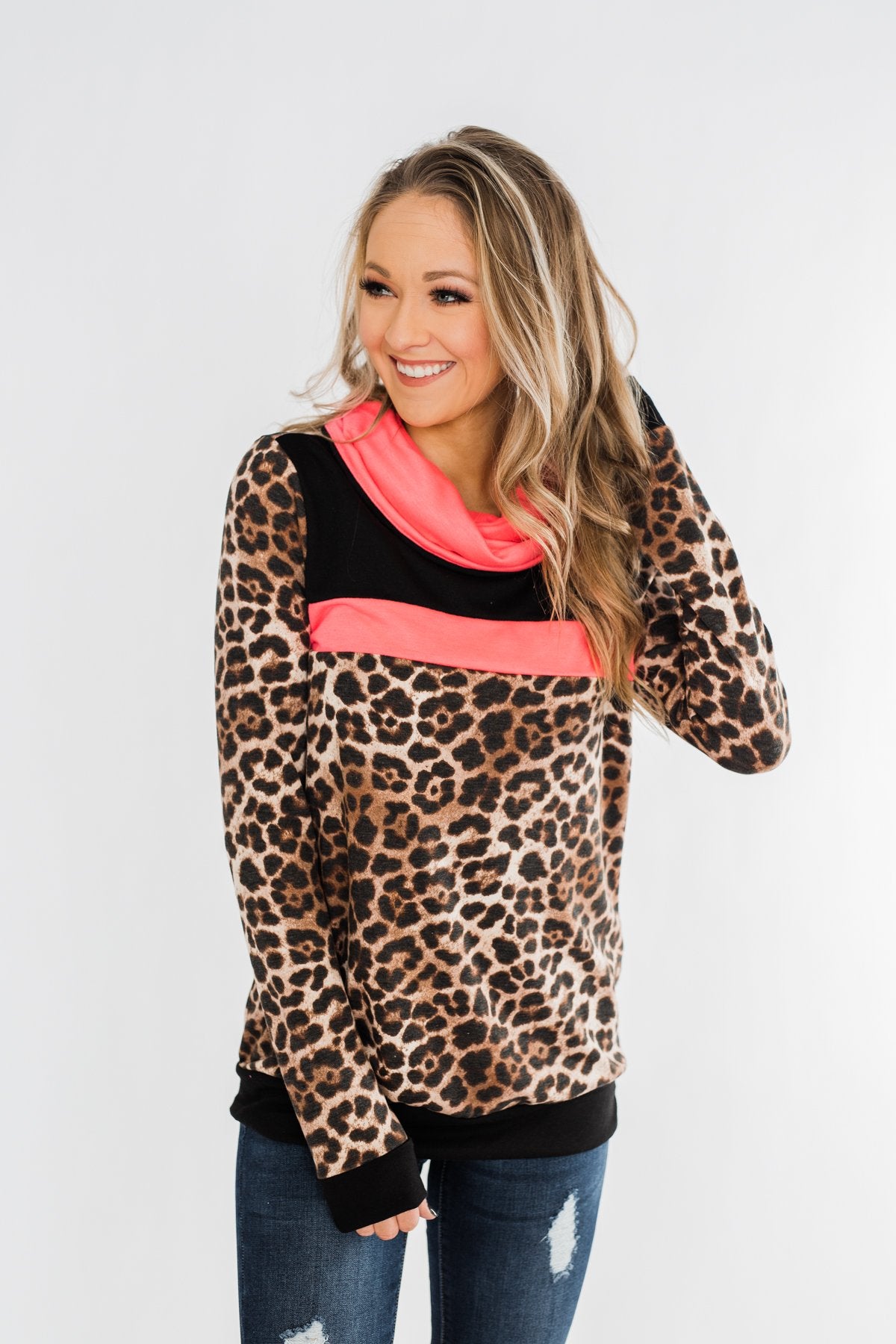 Born To Be Bold Cowl Neck Pullover- Leopard & Neon Pink