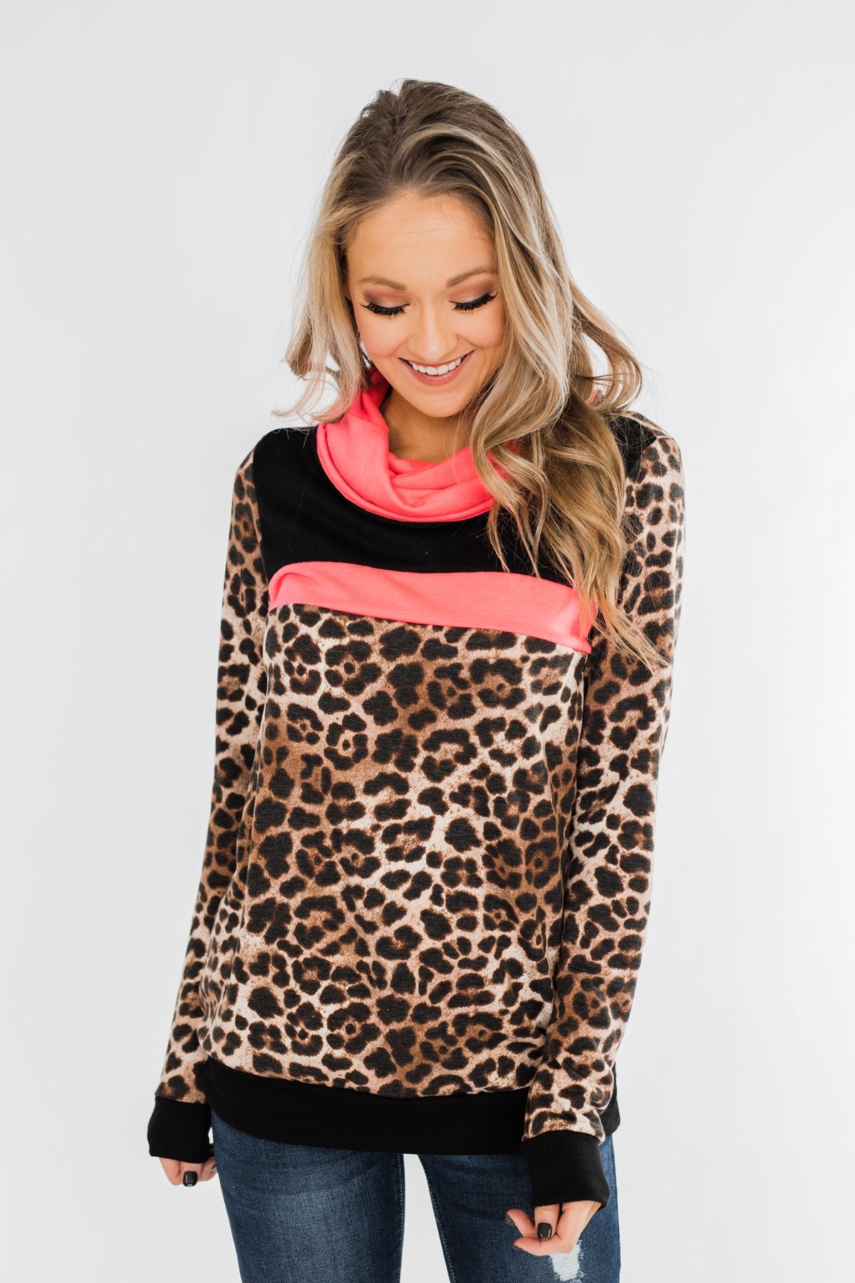 Born To Be Bold Cowl Neck Pullover- Leopard & Neon Pink