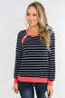 On Top Of The World Striped Top- Navy & Neon Pink