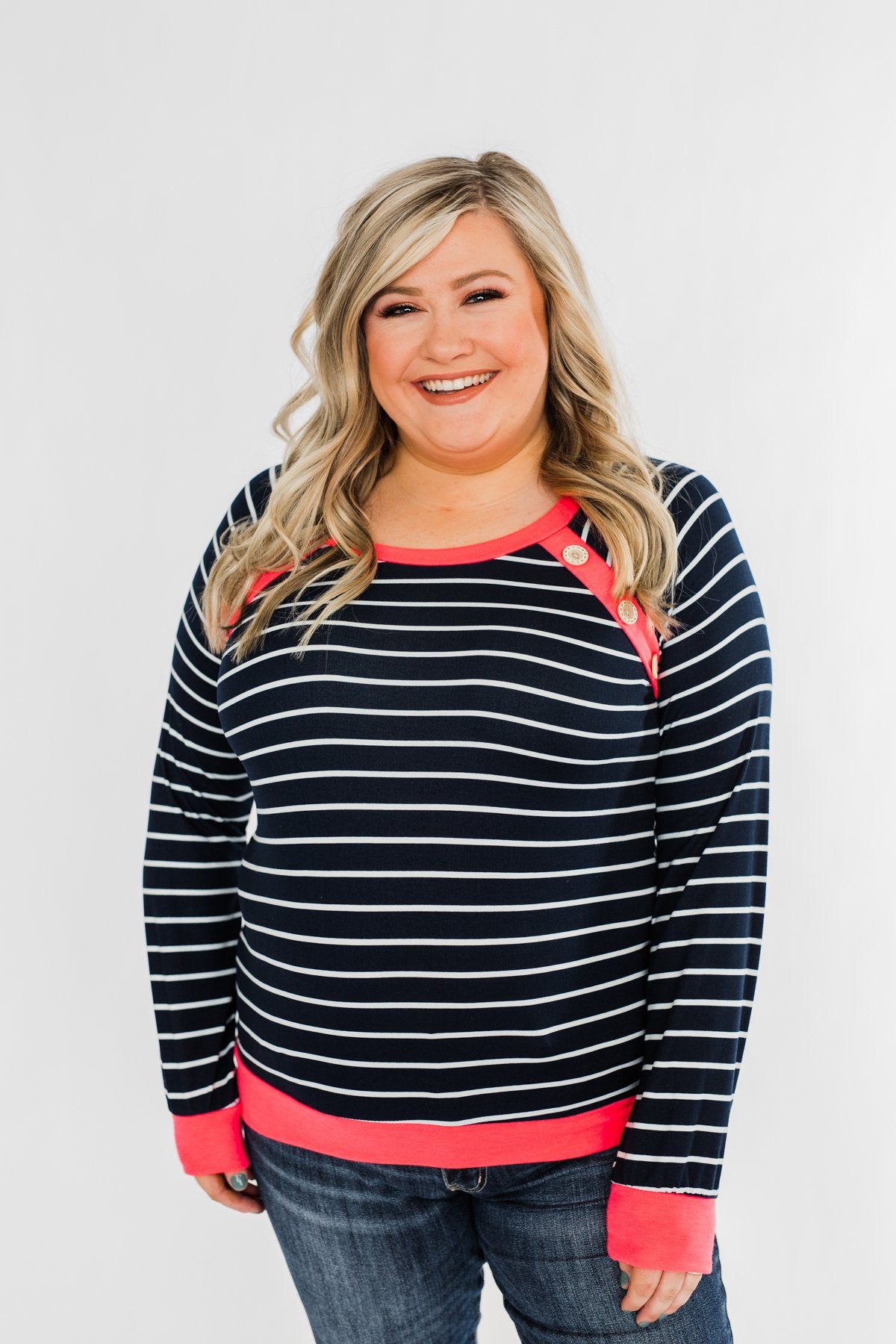 On Top Of The World Striped Top- Navy & Neon Pink