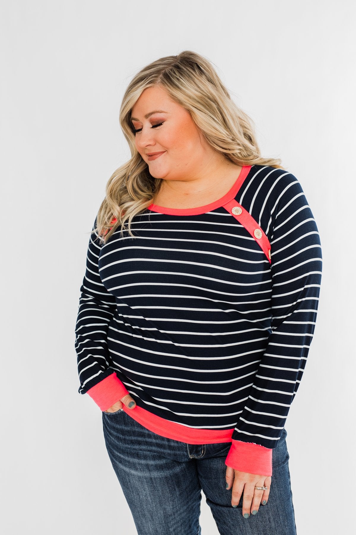 On Top Of The World Striped Top- Navy & Neon Pink