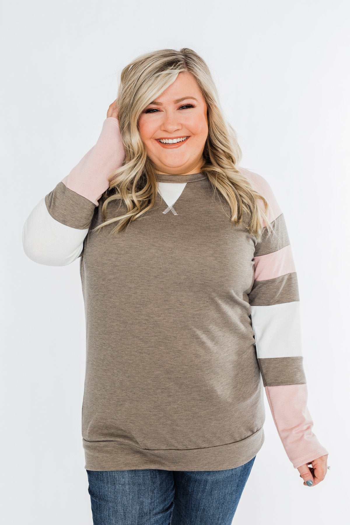 Full Of Joy Color Block Top- Mocha, Pink, & Ivory