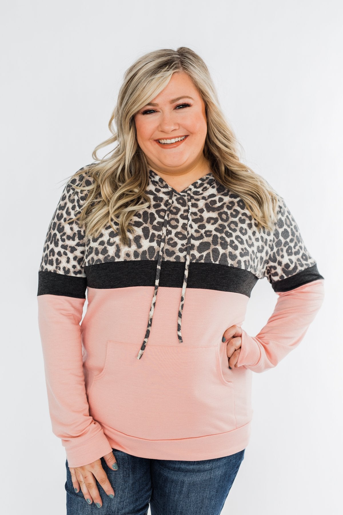 Into the Jungle Color Block Hoodie- Blush & Leopard