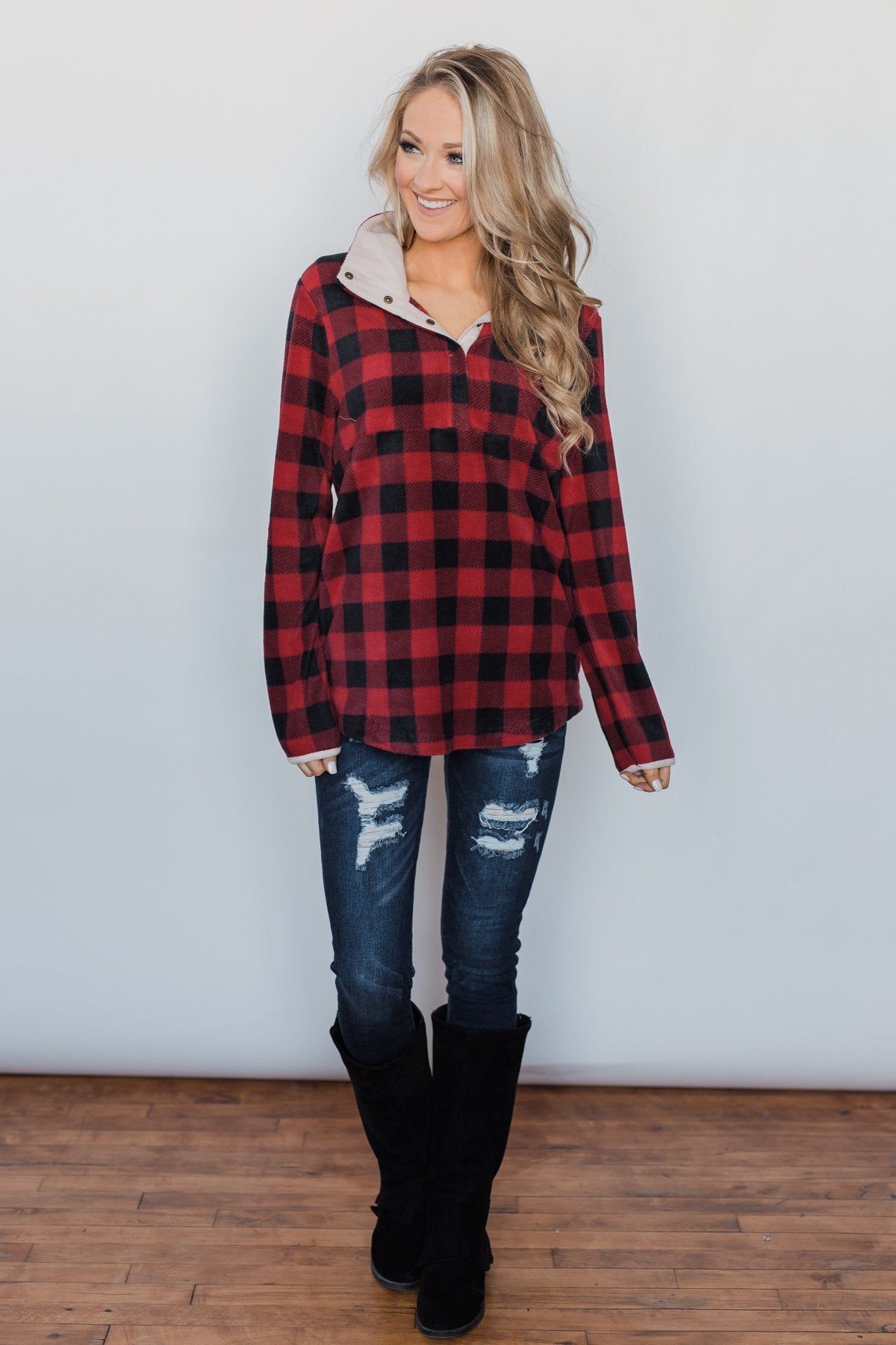 Buffalo Plaid Fleece Pullover- Red & Black