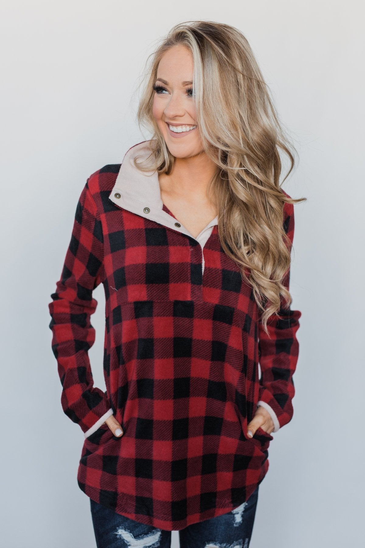 Buffalo Plaid Fleece Pullover- Red & Black