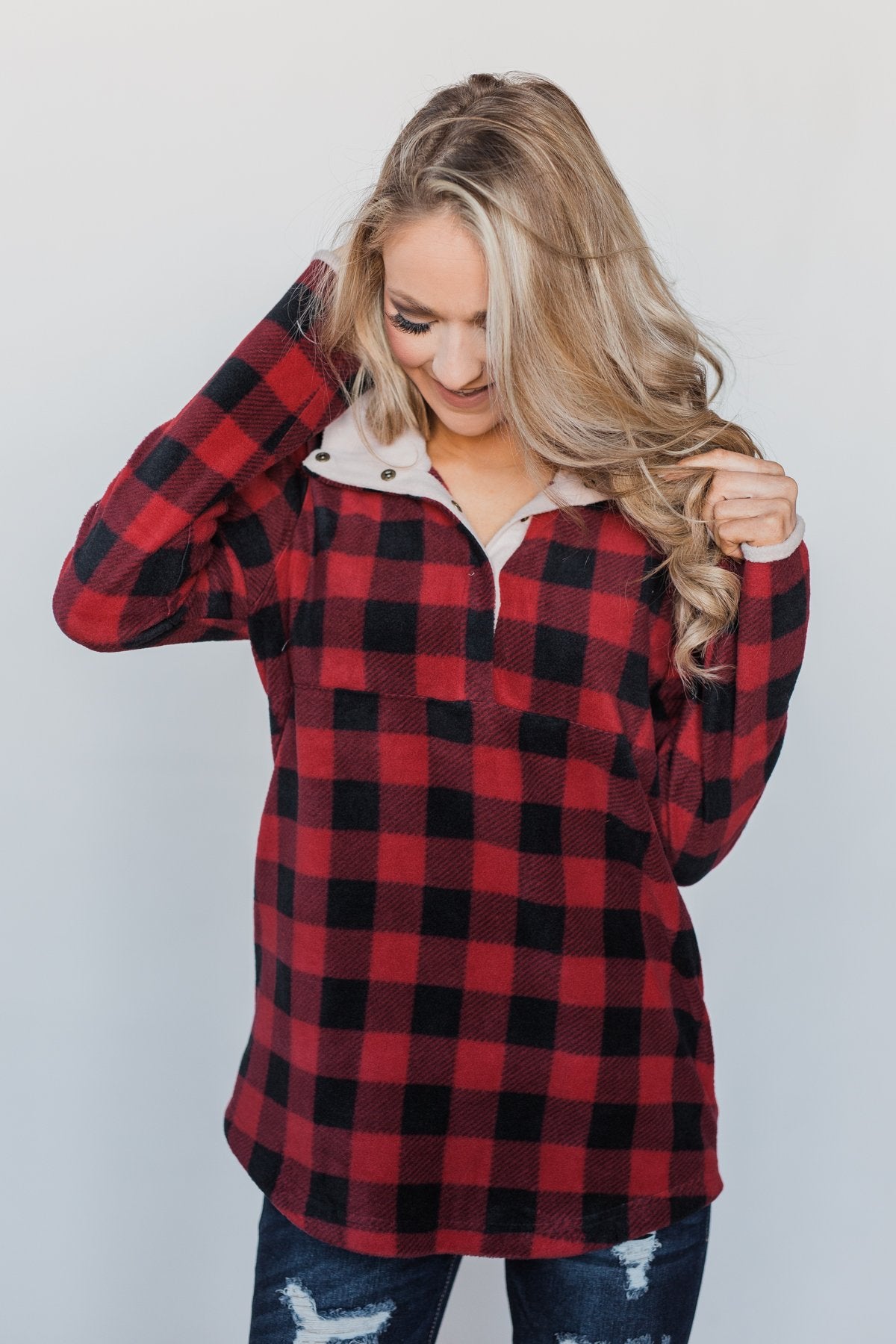 Buffalo Plaid Fleece Pullover- Red & Black