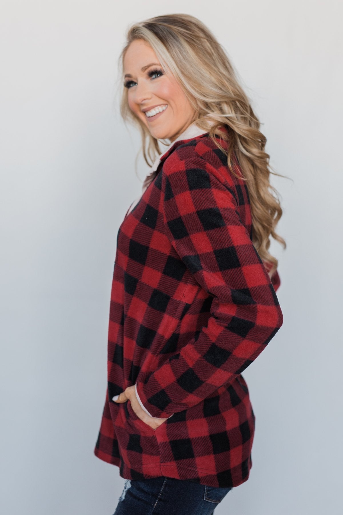 Buffalo Plaid Fleece Pullover- Red & Black